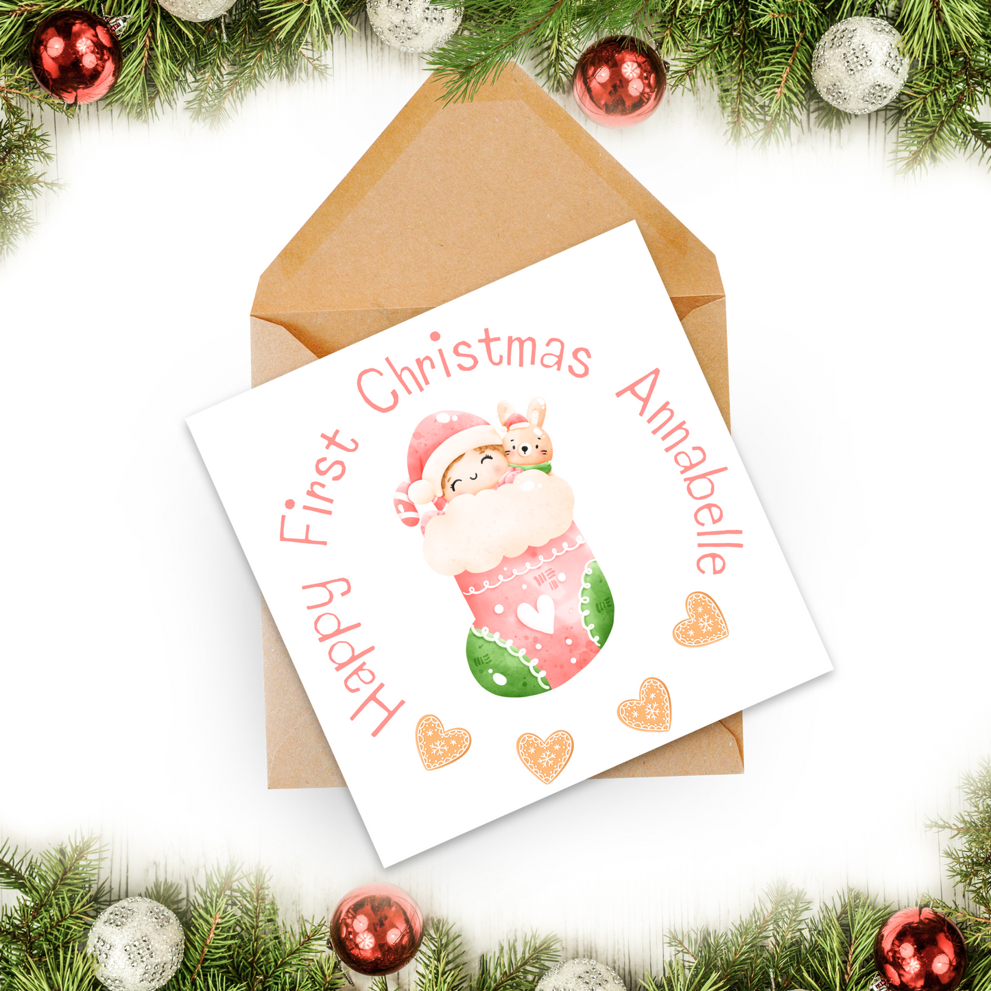 Babys 1st Christmas Personalised Christmas Card for girl