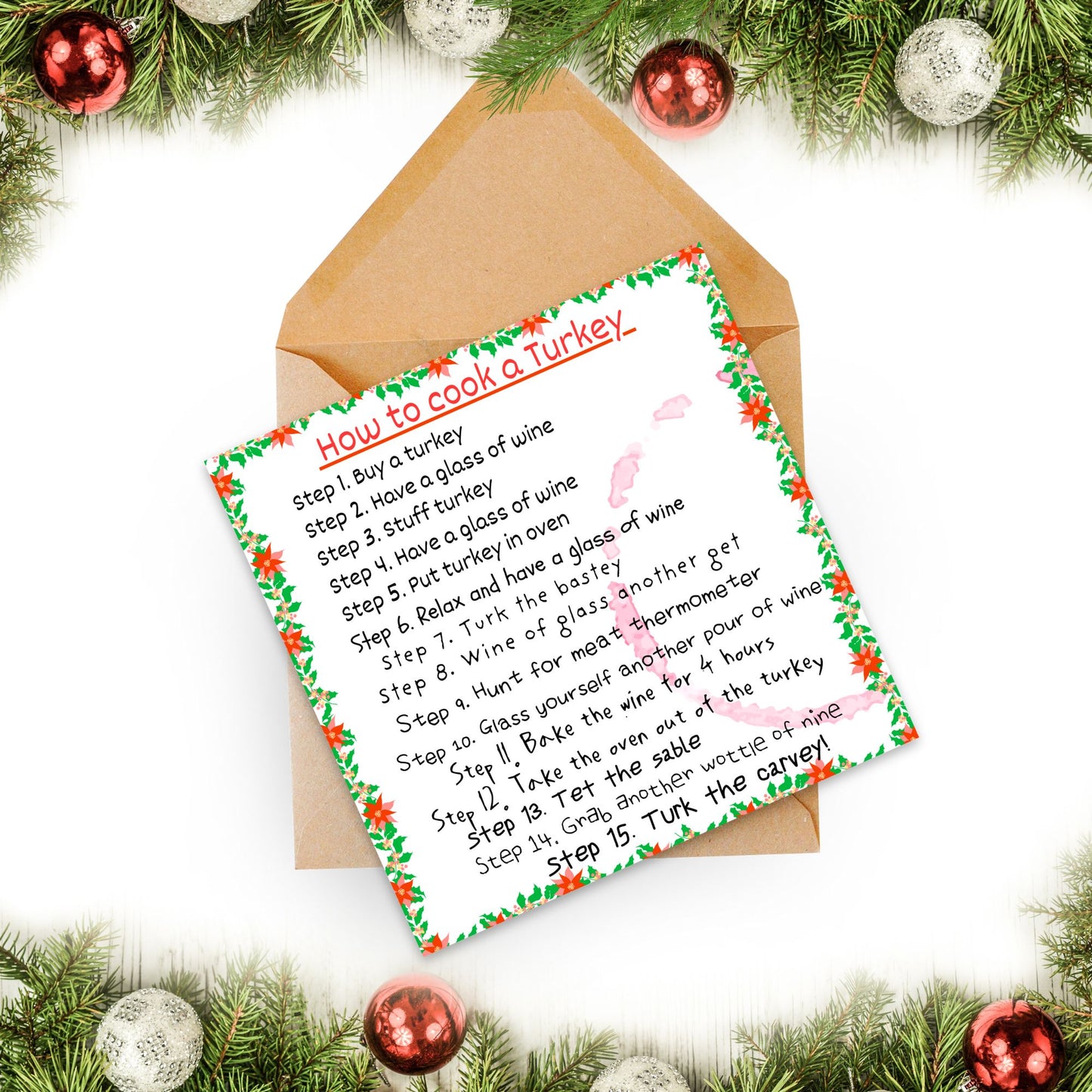 Funny Cooking Christmas Card, How to Cook a Turkey with Wine