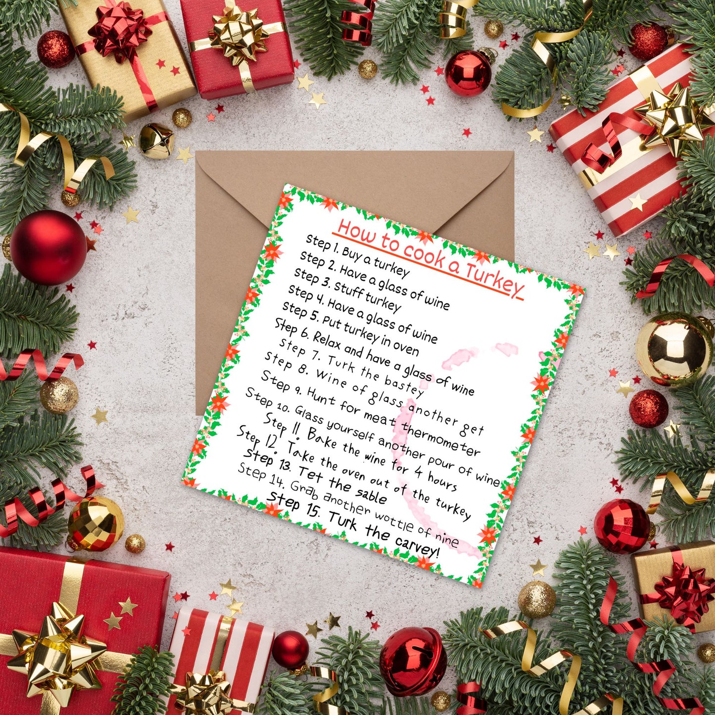 Funny Cooking Christmas Card, How to Cook a Turkey with Wine