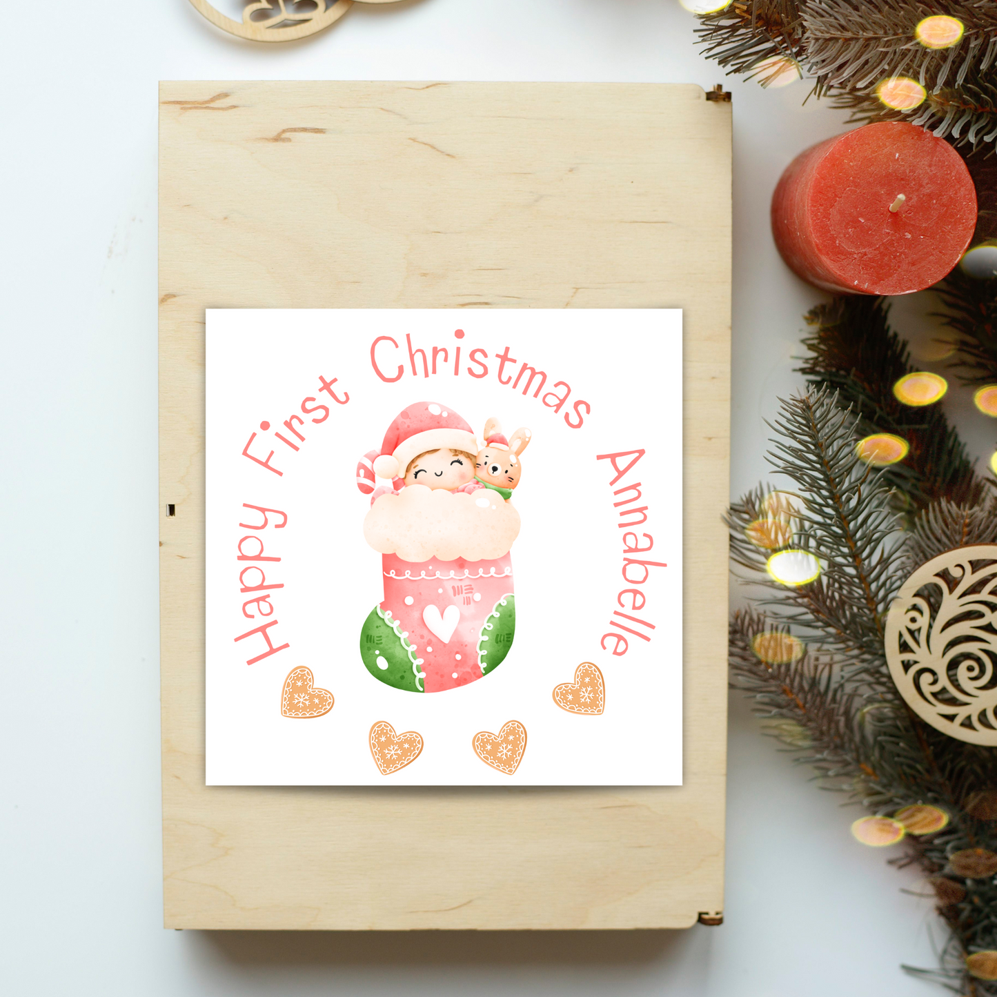 Babys 1st Christmas Personalised Christmas Card for girl