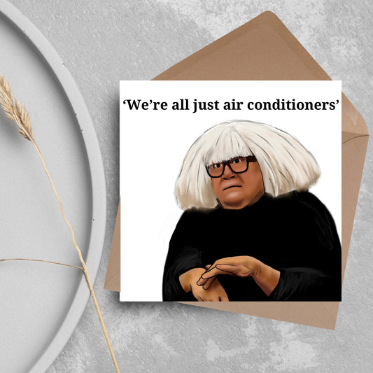 Image of a square greetings card against a grey background. The design is an illustration of danny devito as Frank reynolds from its always sunny in philadelphia