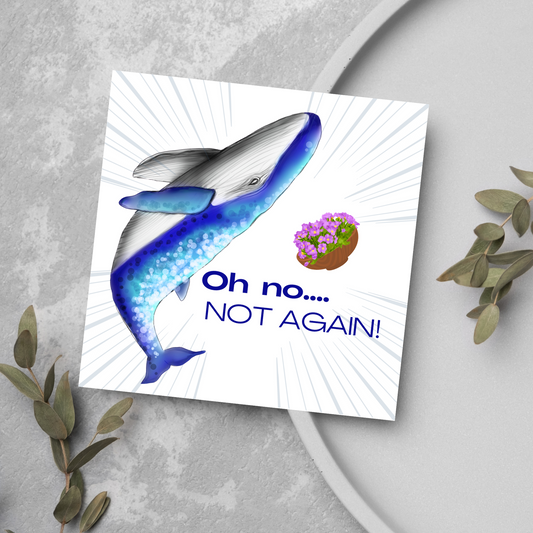 Image of a square greetings card against a grey background. The design is A Hitchhikers Guide to the Galaxy Whale