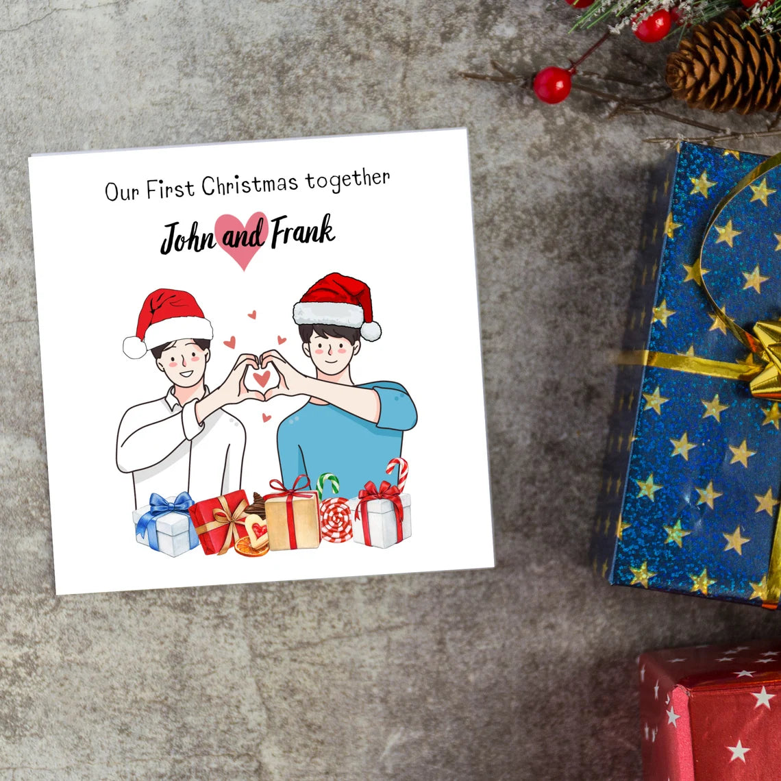 1st Christmas as Mr and Mr personalised greetings card, Gay LGBTQ+ card