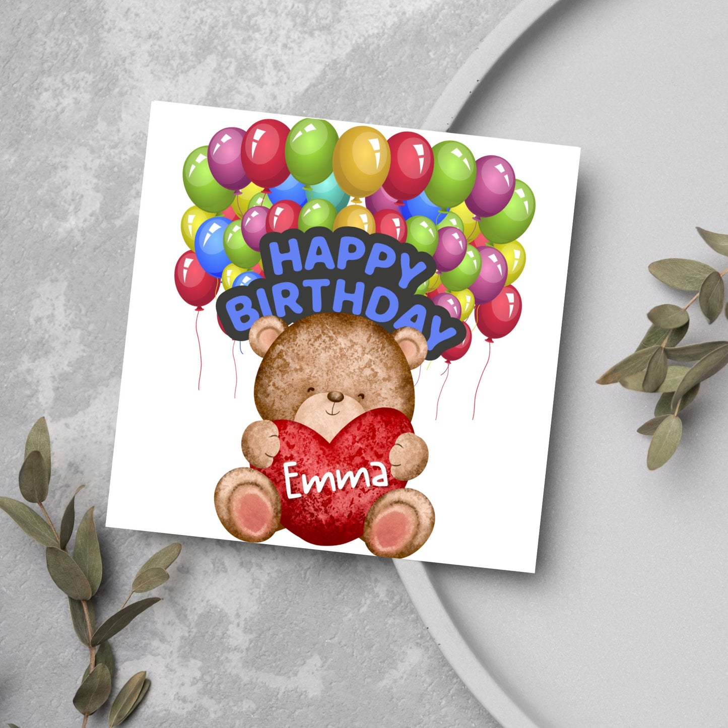 watercolour bear holding name heart with balloons