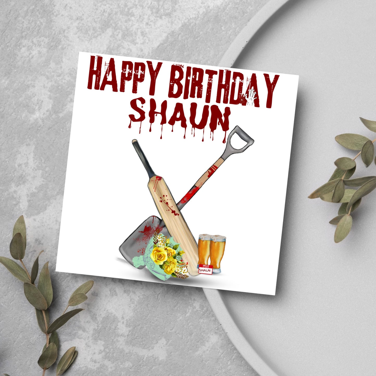 bloodied shovel, cricket bat, flowers and beer from shaun of the dead