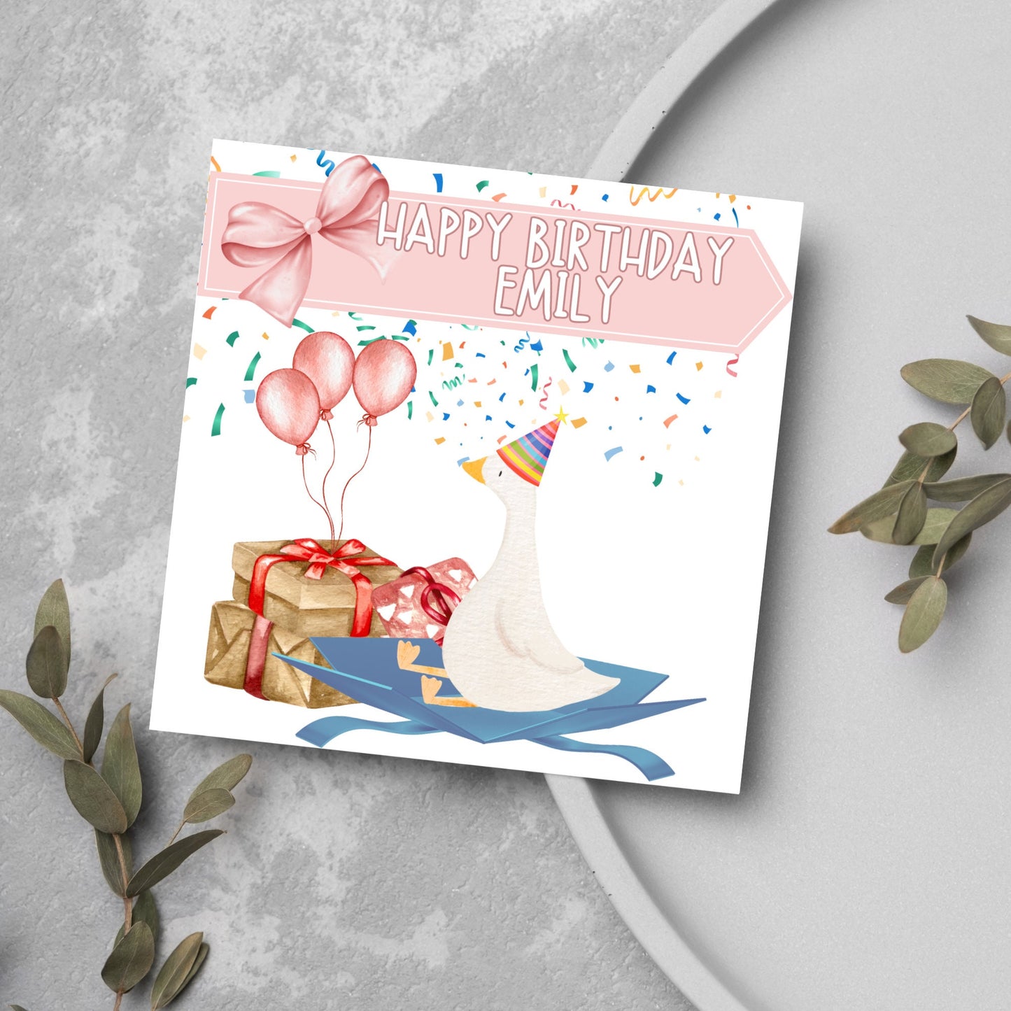 Personalised goose birthday card with pink balloons
