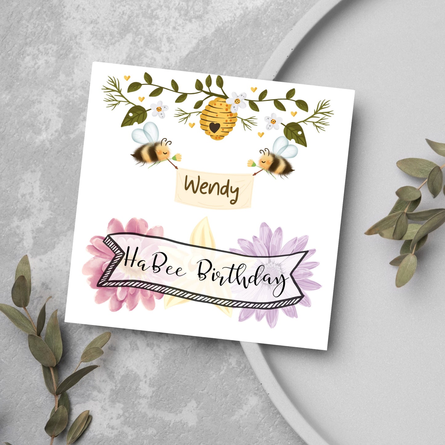watercolour birthday card with bees and flowers and name banner