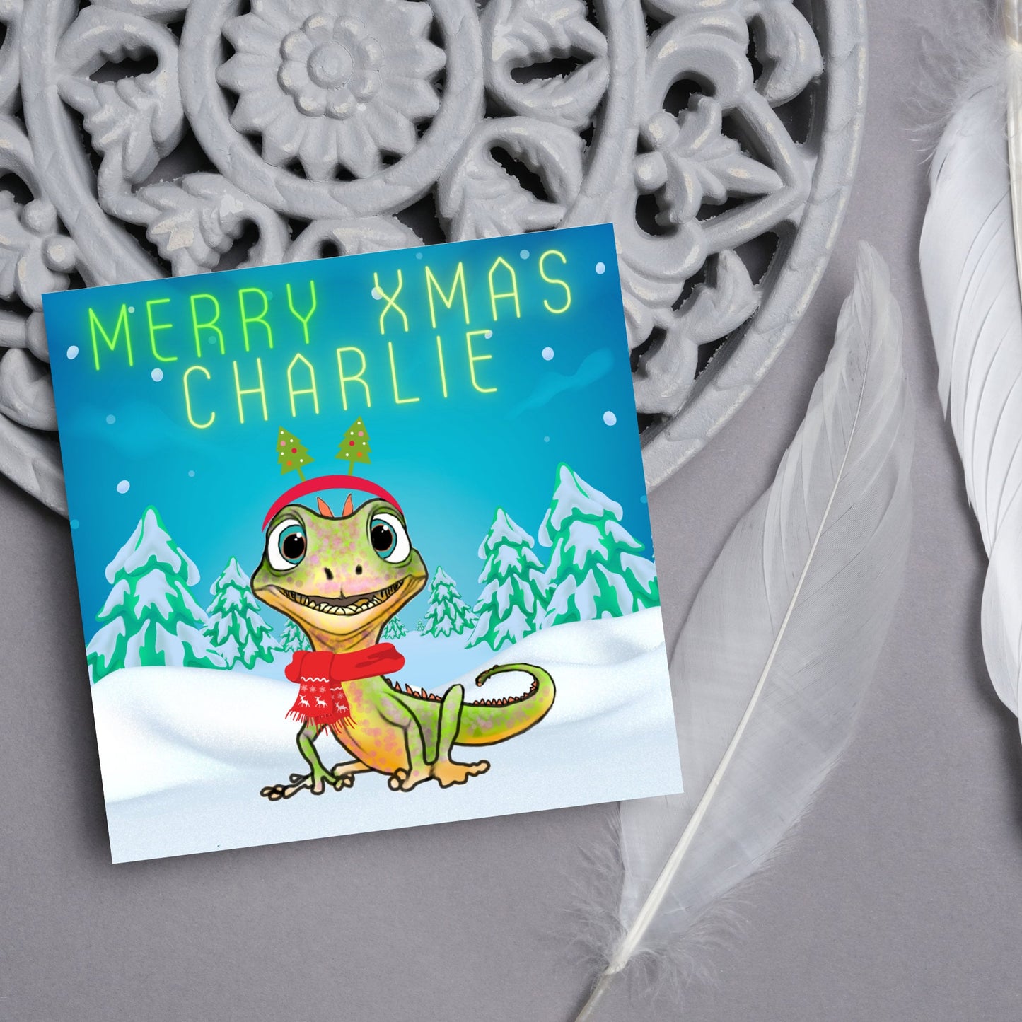 Personalised Christmas card with Lizard design - Cards for Him, Cards for Her, Cards for kids, Xmas card with name, Childs Christmas Card