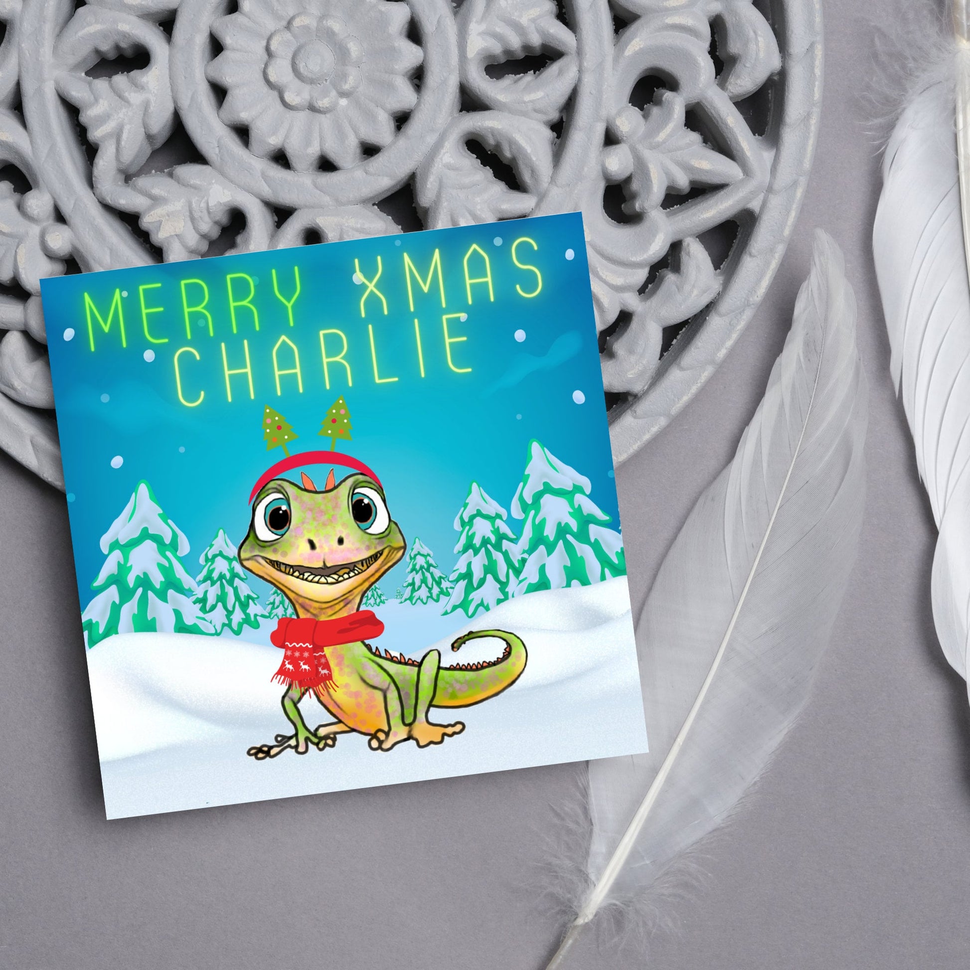Personalised Christmas card with Lizard design - Cards for Him, Cards for Her, Cards for kids, Xmas card with name, Childs Christmas Card