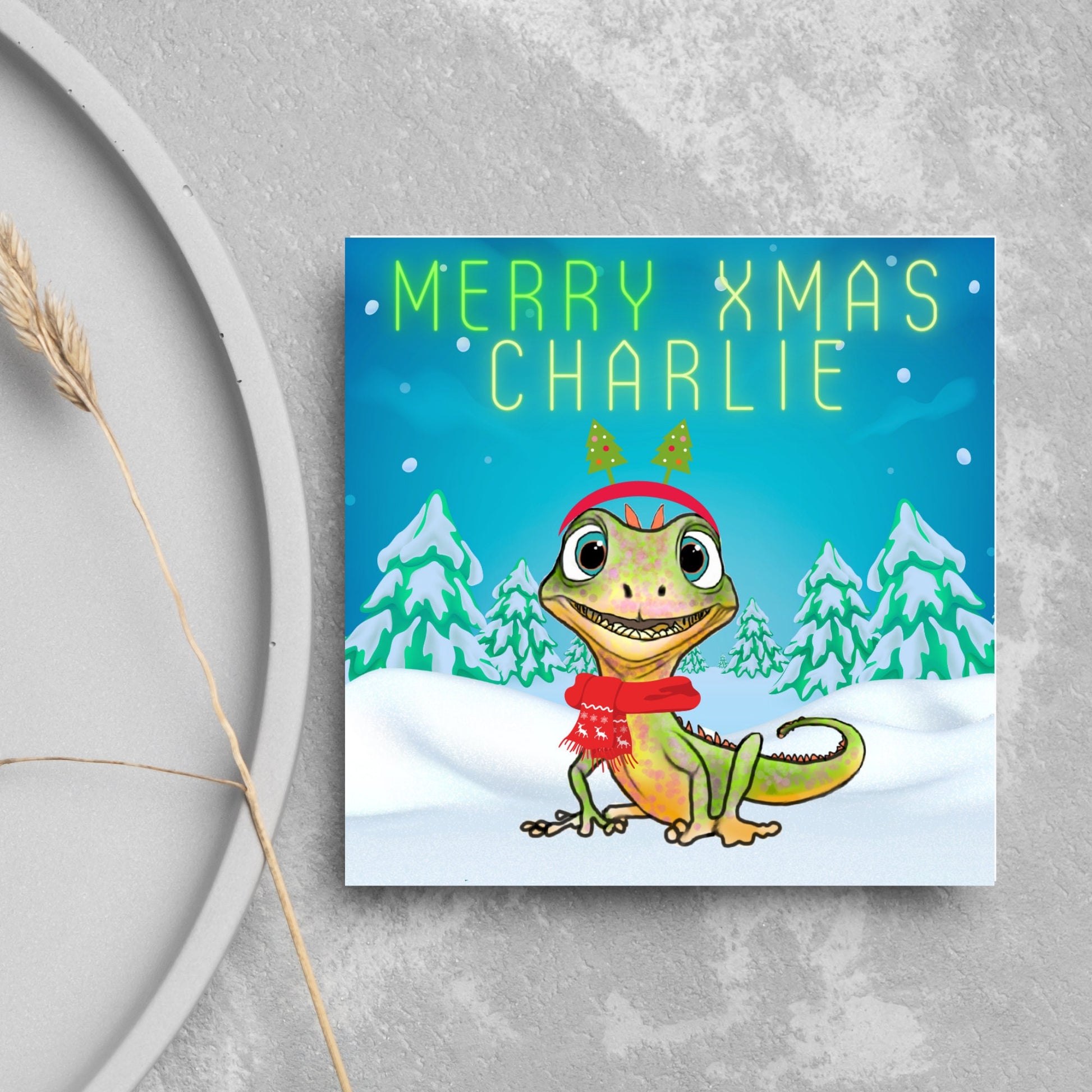 Personalised Christmas card with Lizard design - Cards for Him, Cards for Her, Cards for kids, Xmas card with name, Childs Christmas Card