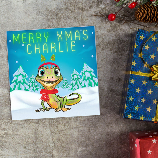 Personalised Christmas card with Lizard design - Cards for Him, Cards for Her, Cards for kids, Xmas card with name, Childs Christmas Card