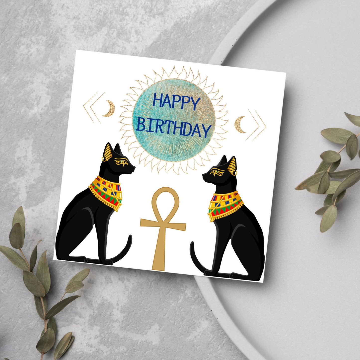 2 god cats, ankh and moon birthday card