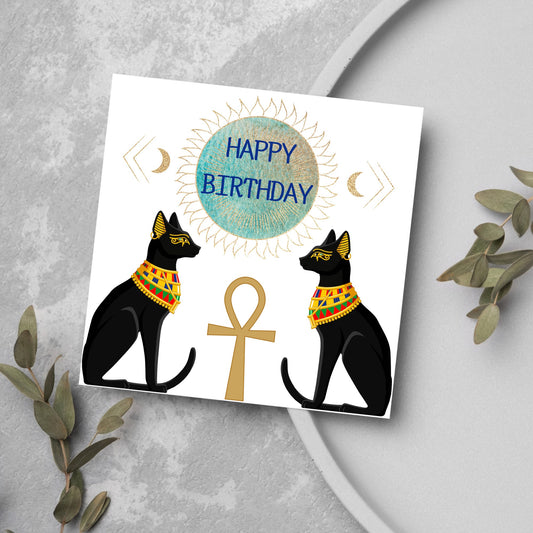 2 god cats, ankh and moon birthday card
