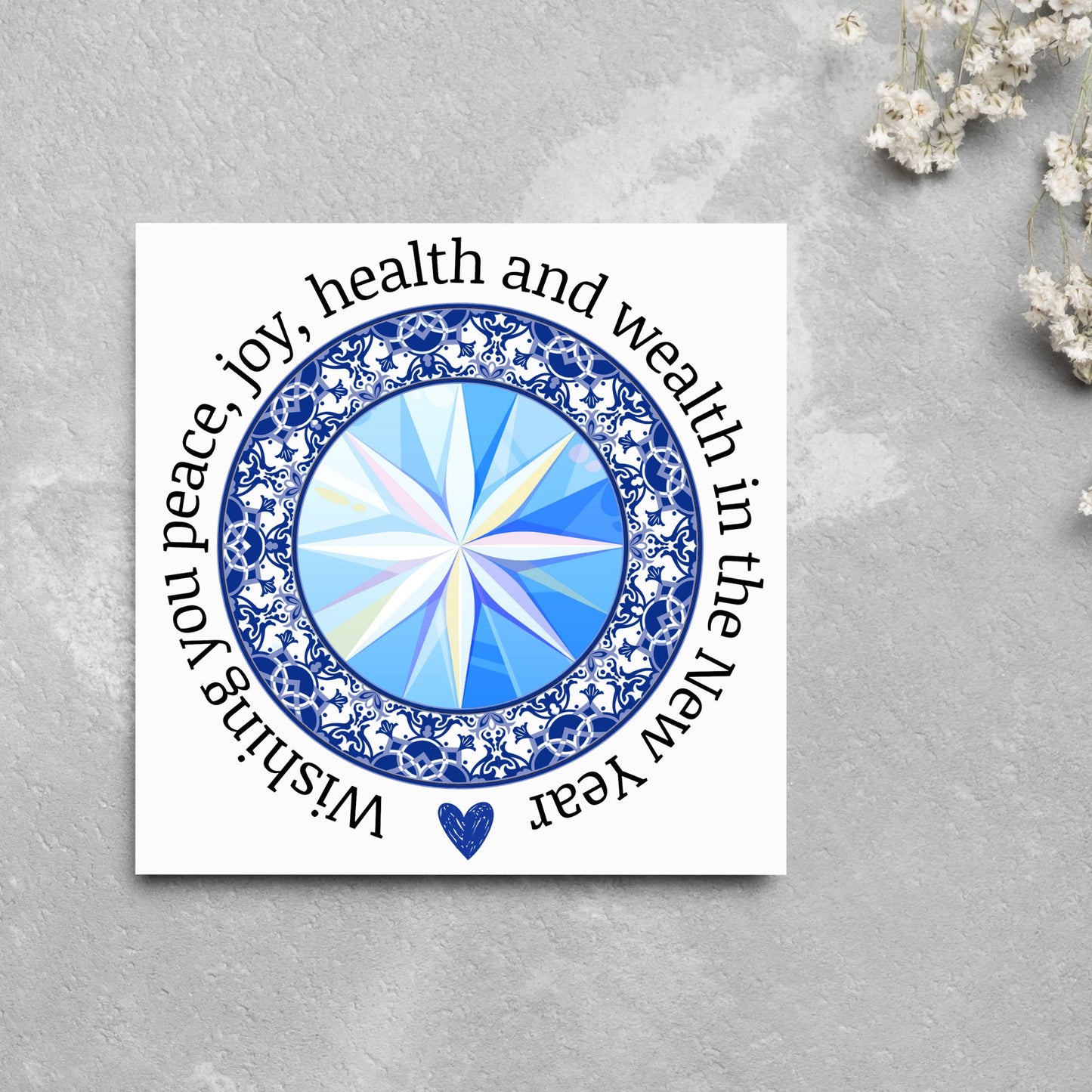 New years greeting card with the words "wishing you peace, joy, health and wealth in the new year". blue celtic circle design. card for him, card for her, solstice card