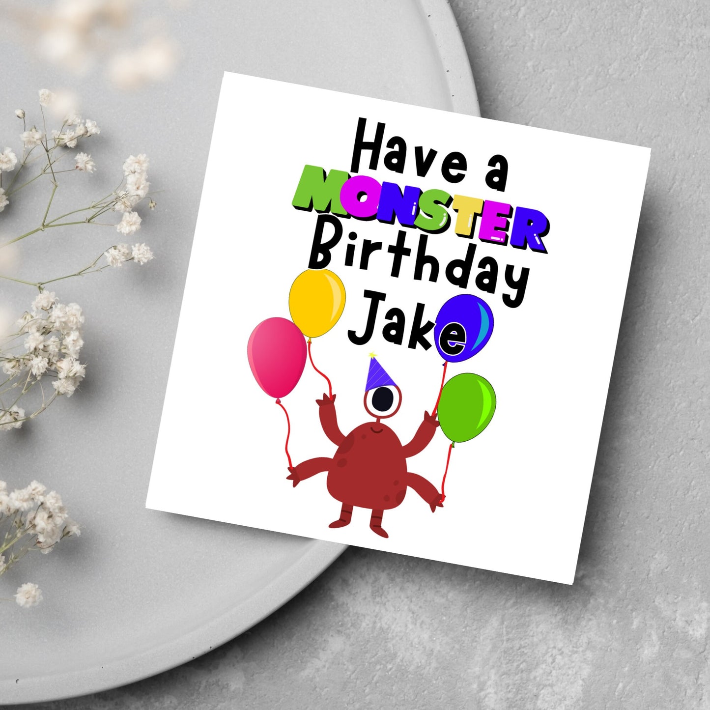 cartoon monster with balloons card