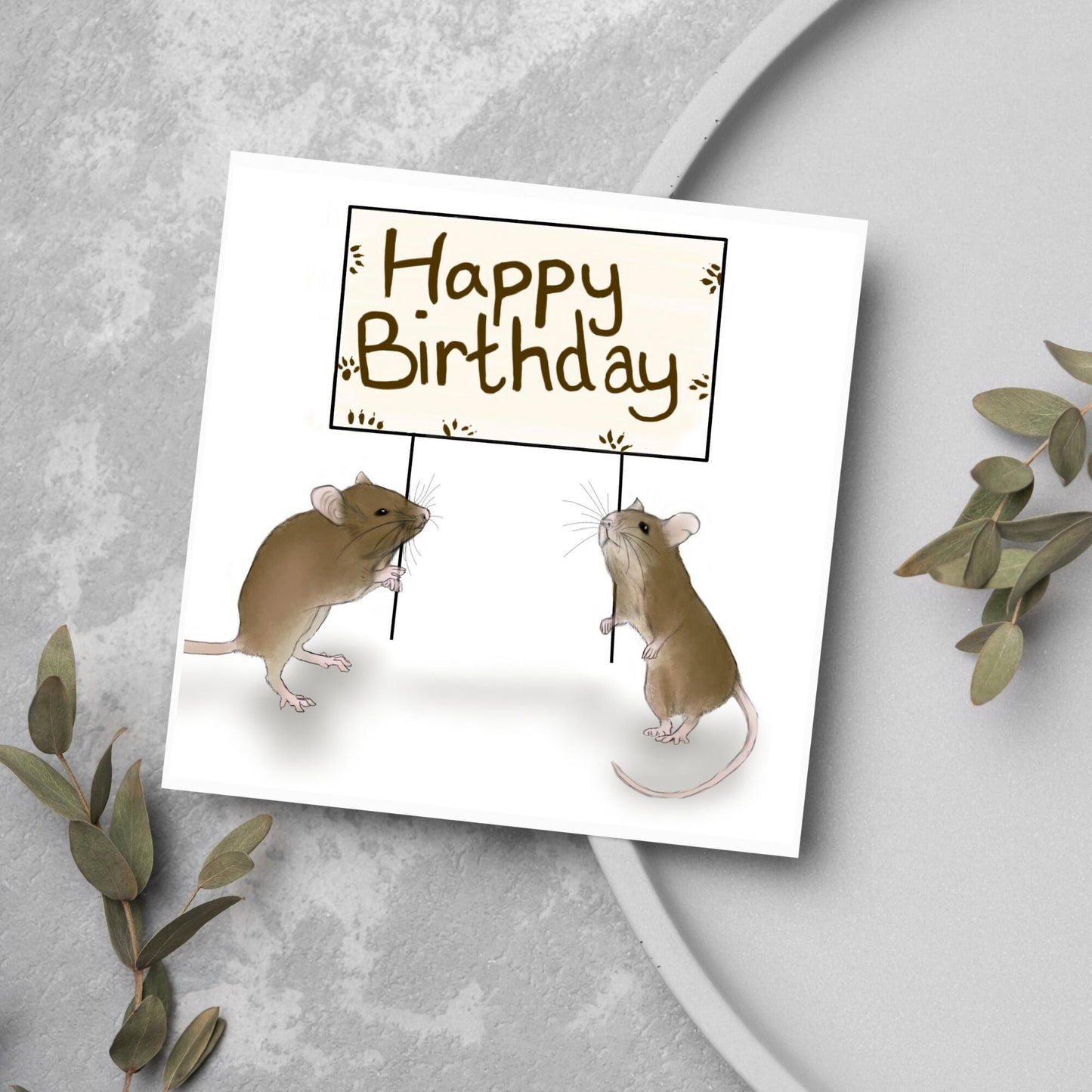 2 mice holding up happy birthday banner
