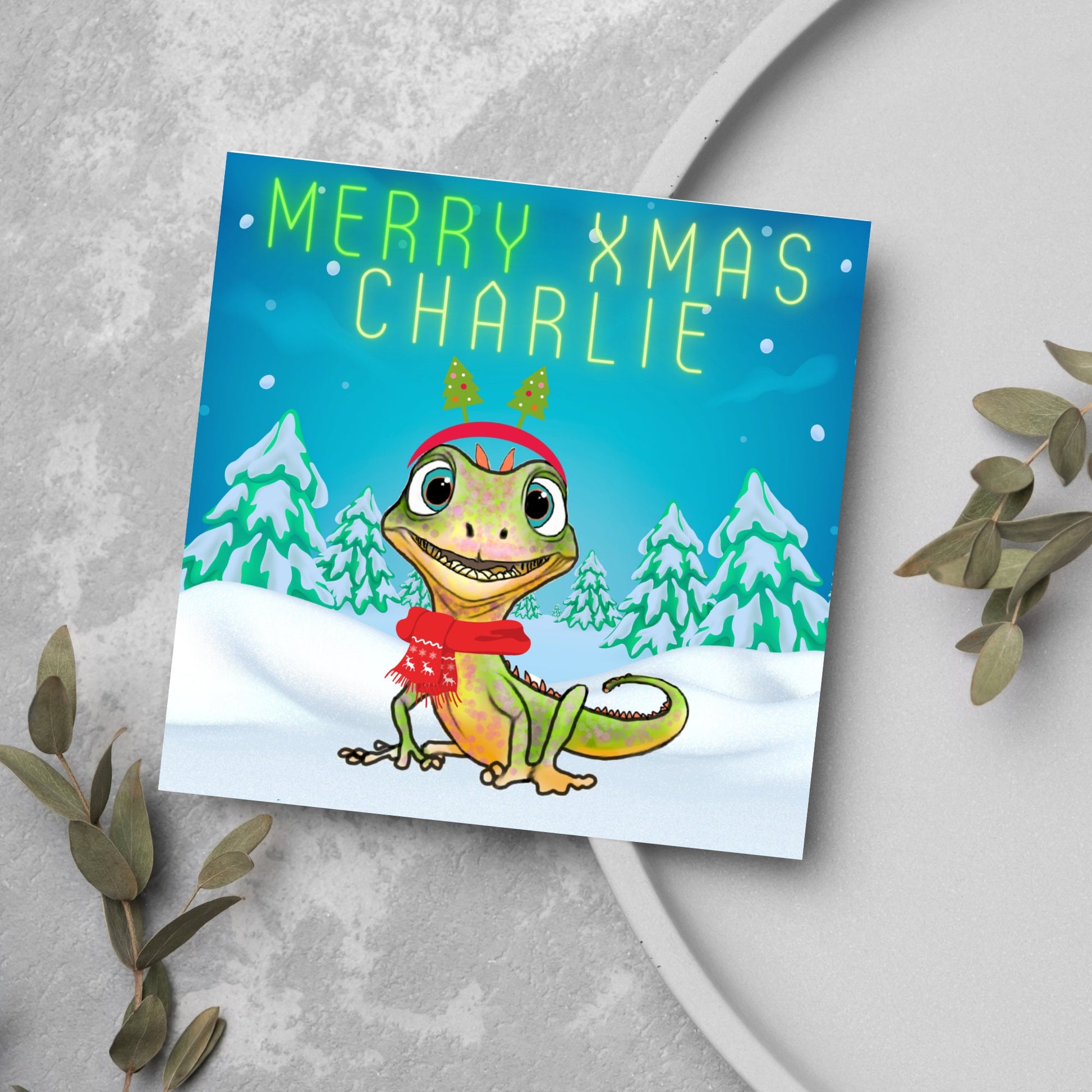 Personalised Christmas card with Lizard design - Cards for Him, Cards for Her, Cards for kids, Xmas card with name, Childs Christmas Card