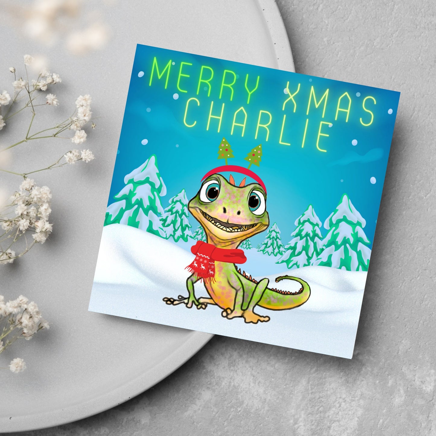 Personalised Christmas card with Lizard design - Cards for Him, Cards for Her, Cards for kids, Xmas card with name, Childs Christmas Card