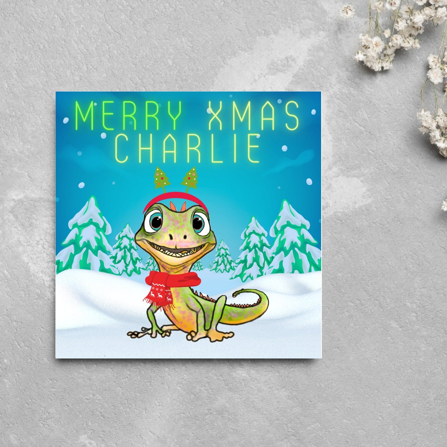Personalised Christmas card with Lizard design - Cards for Him, Cards for Her, Cards for kids, Xmas card with name, Childs Christmas Card