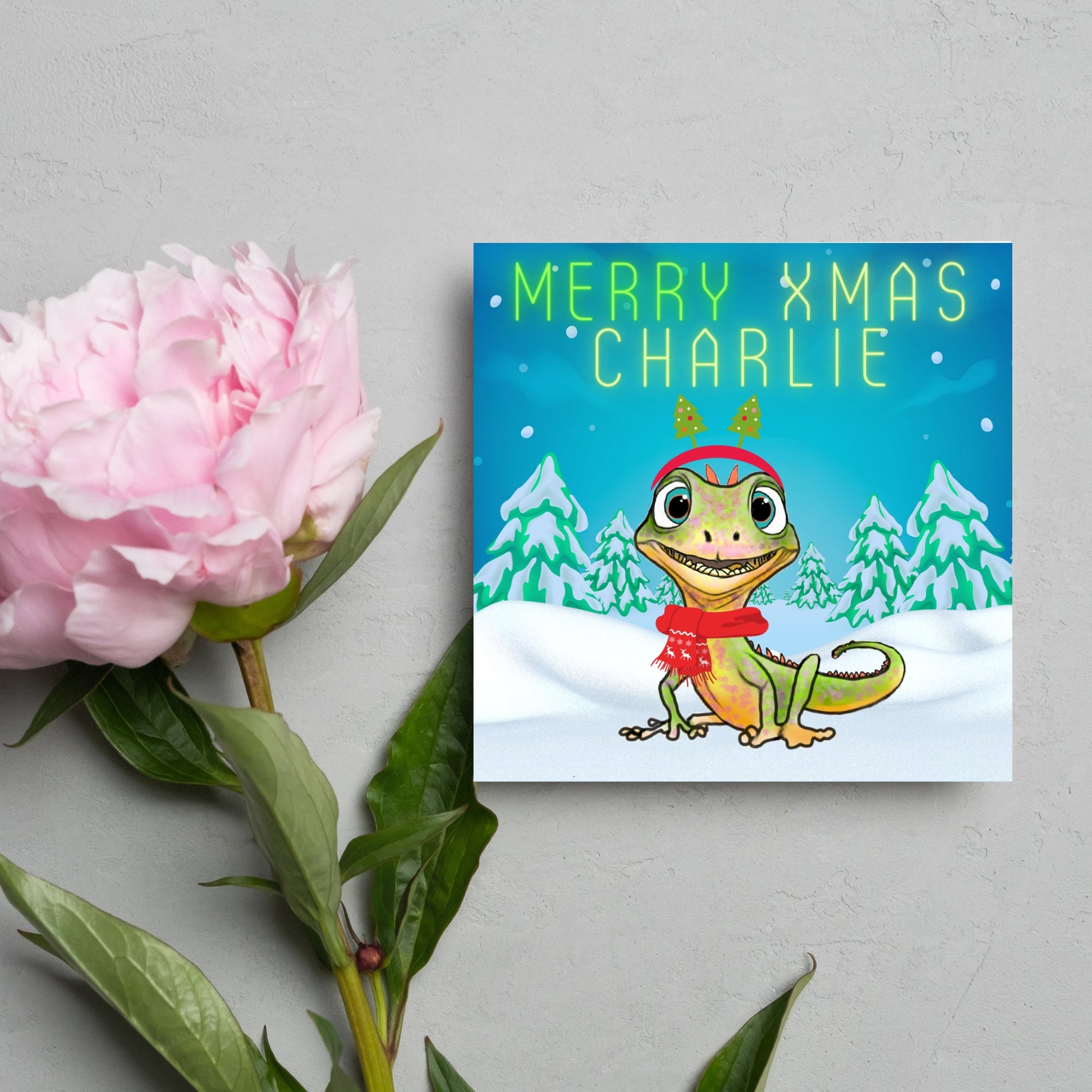 Personalised Christmas card with Lizard design - Cards for Him, Cards for Her, Cards for kids, Xmas card with name, Childs Christmas Card