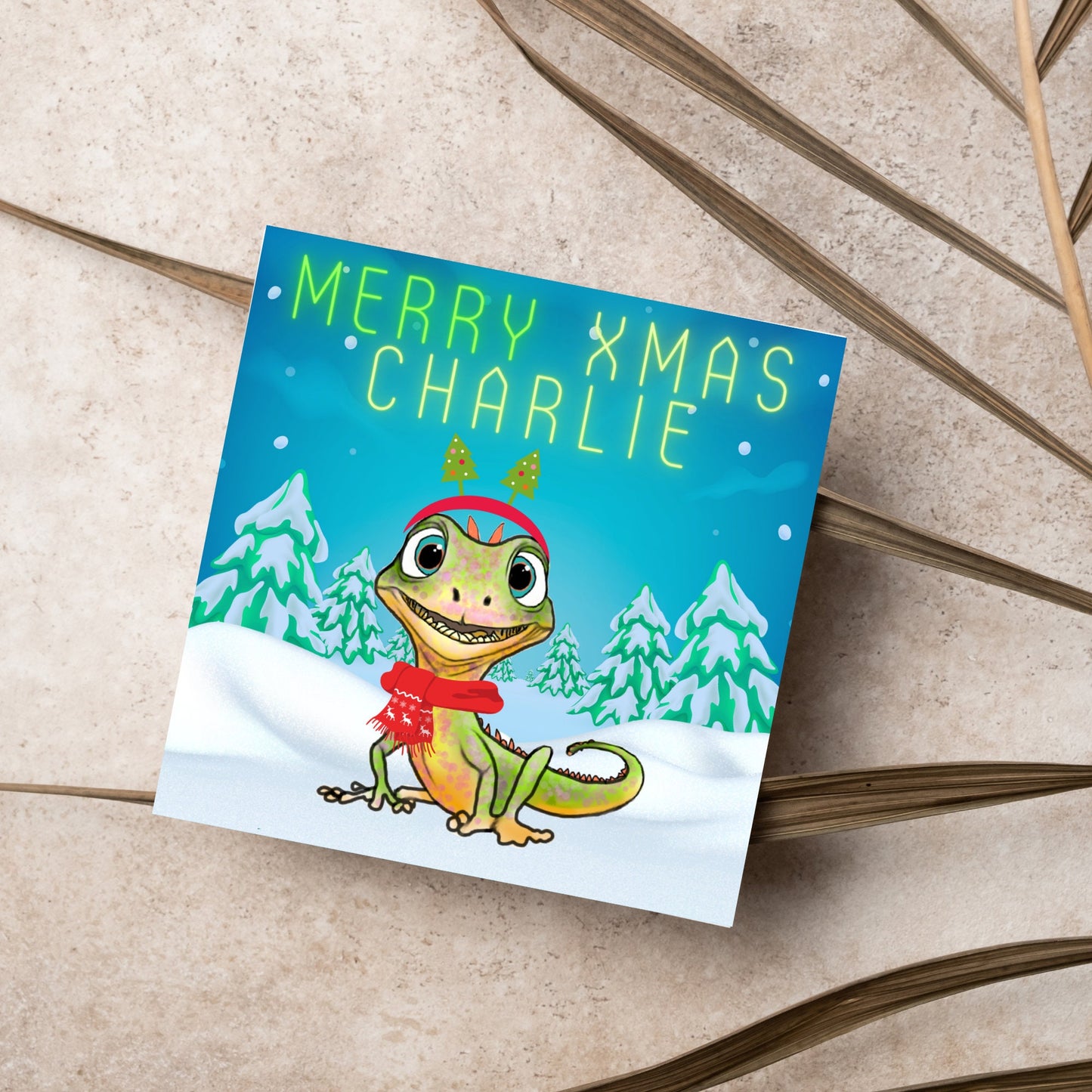 Personalised Christmas card with Lizard design - Cards for Him, Cards for Her, Cards for kids, Xmas card with name, Childs Christmas Card
