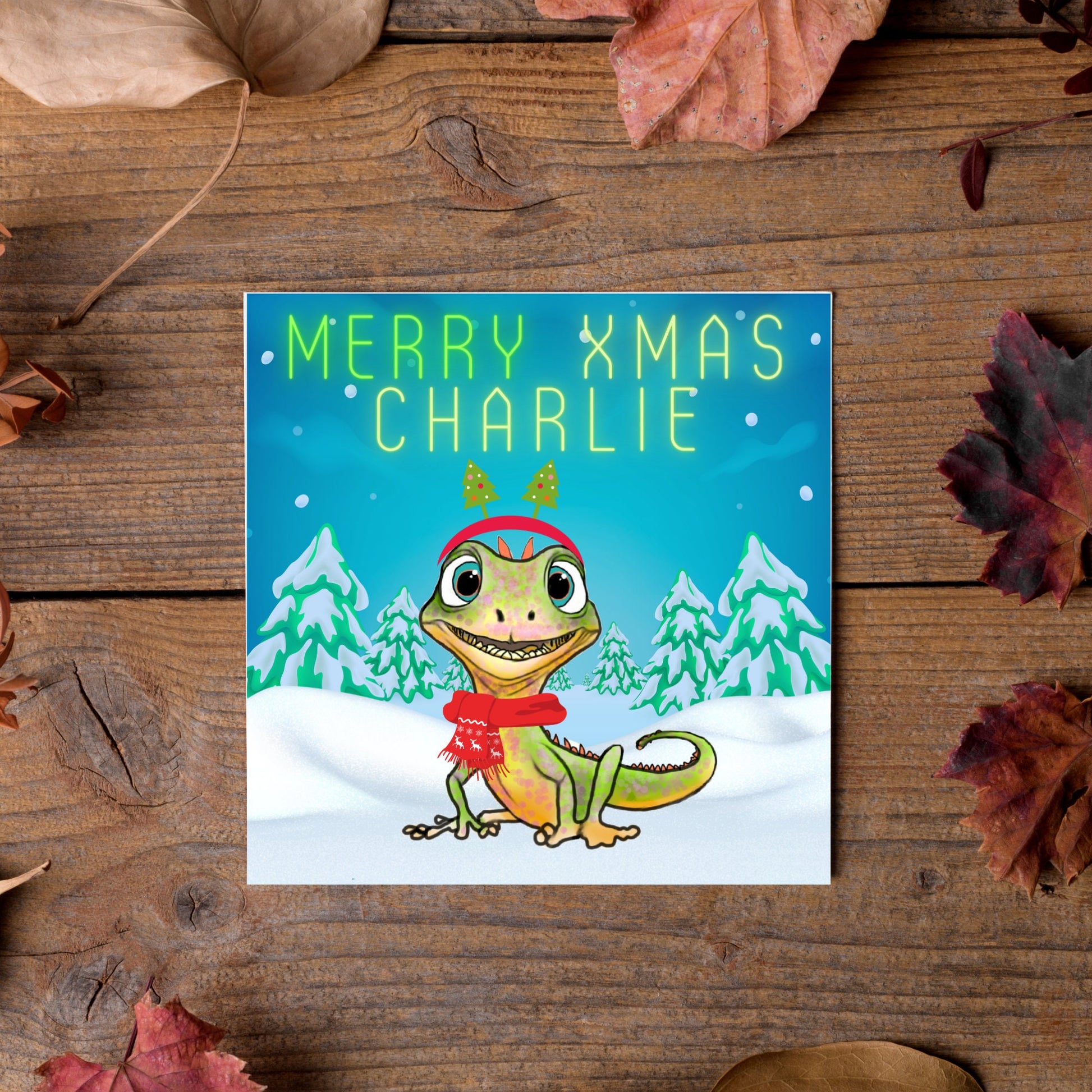 Personalised Christmas card with Lizard design - Cards for Him, Cards for Her, Cards for kids, Xmas card with name, Childs Christmas Card