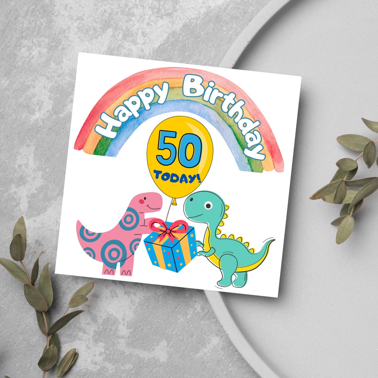 cartoon dinosaur 50th balloon birthday card