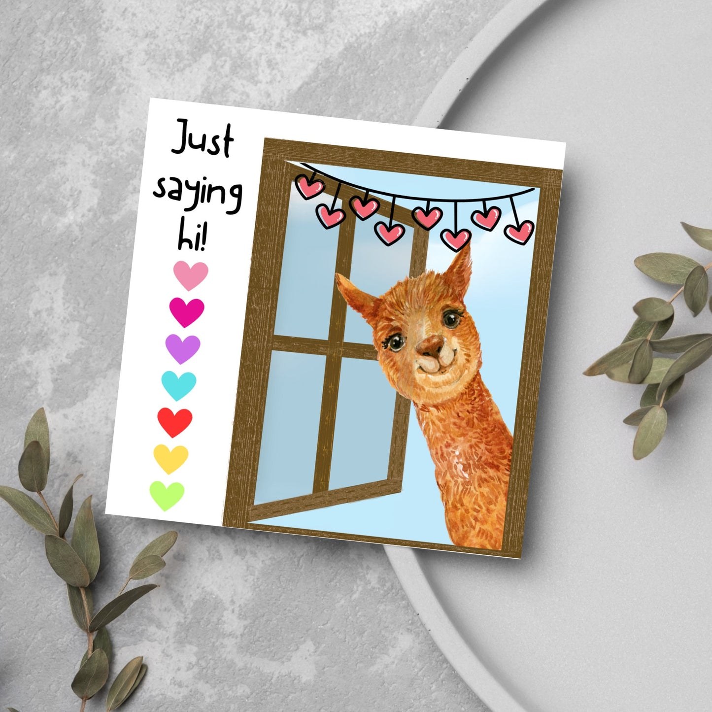 llama cartoon hearts window card