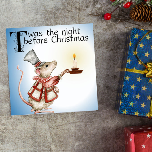 Square Christmas card with a Dickensian Mouse holding a candle in the dark. The mouse is dressed in Victorian clothes and the text 'twas the night before christmas' is written across the top of the card
