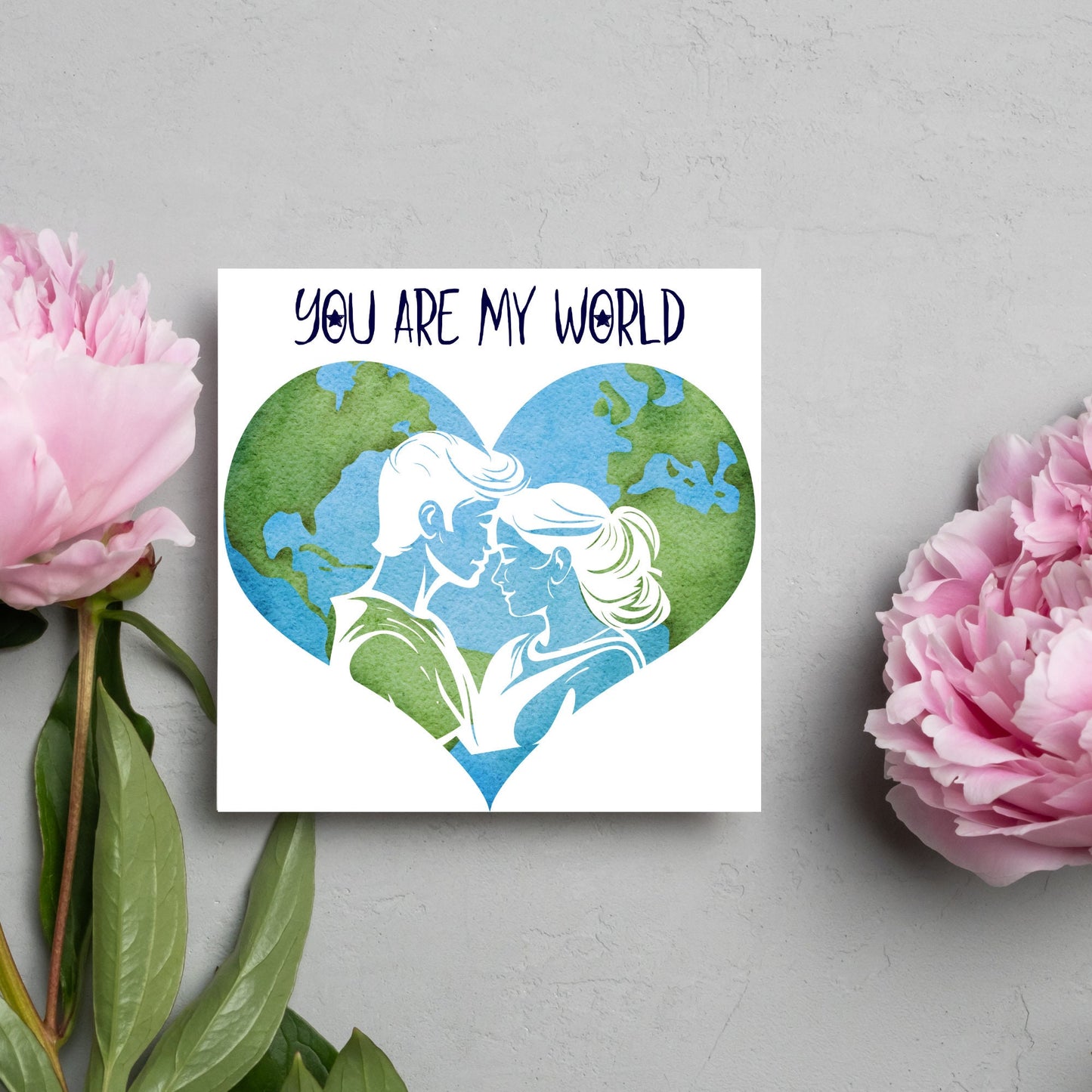 The Square Card has the year in a traditional heart love shape, with a couple embracing eachother. The caption reads "You are my World" This valentines day card is perfect for loved ones, for boyfriend, for girlfriend, for wife, for husband