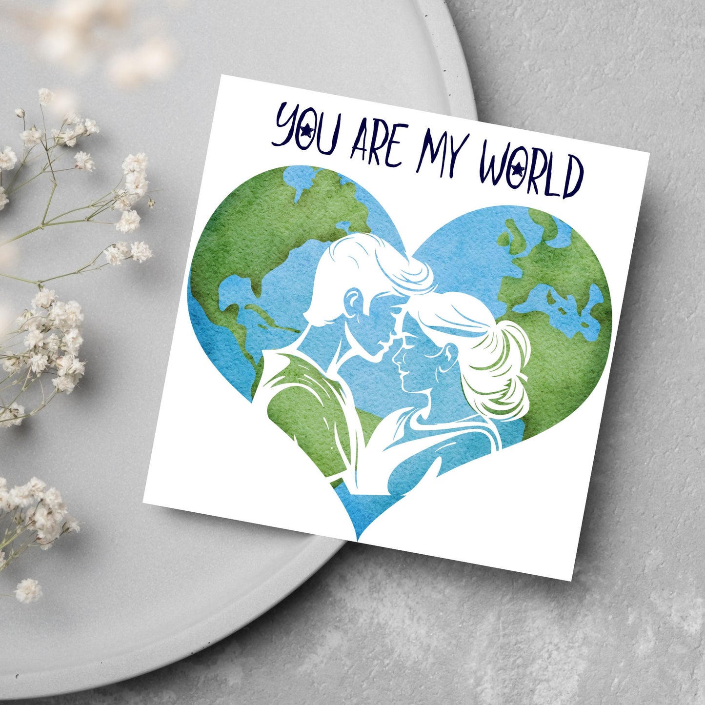 The Square Card has the year in a traditional heart love shape, with a couple embracing eachother. The caption reads "You are my World" This valentines day card is perfect for loved ones, for boyfriend, for girlfriend, for wife, for husband