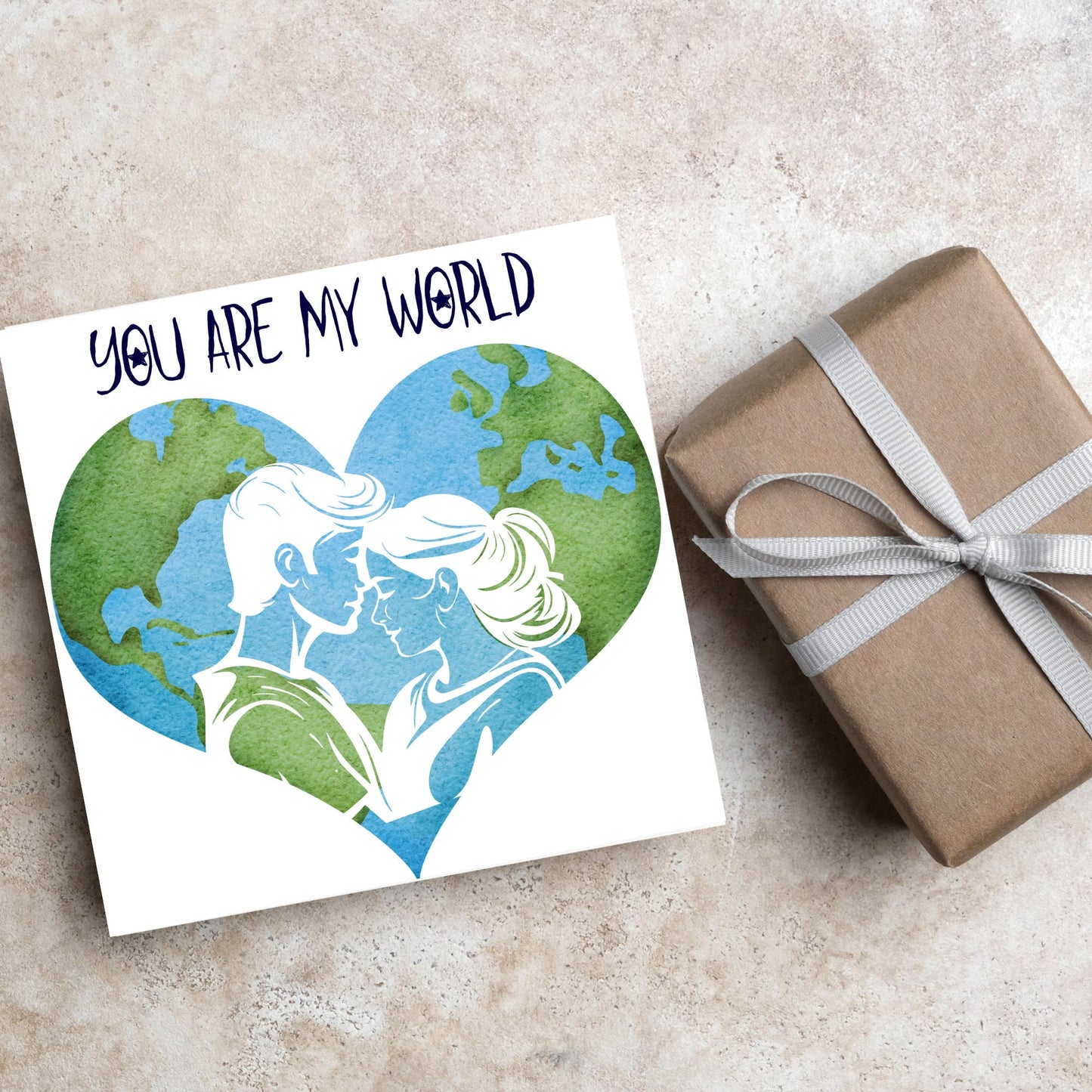 The Square Card has the year in a traditional heart love shape, with a couple embracing eachother. The caption reads "You are my World" This valentines day card is perfect for loved ones, for boyfriend, for girlfriend, for wife, for husband