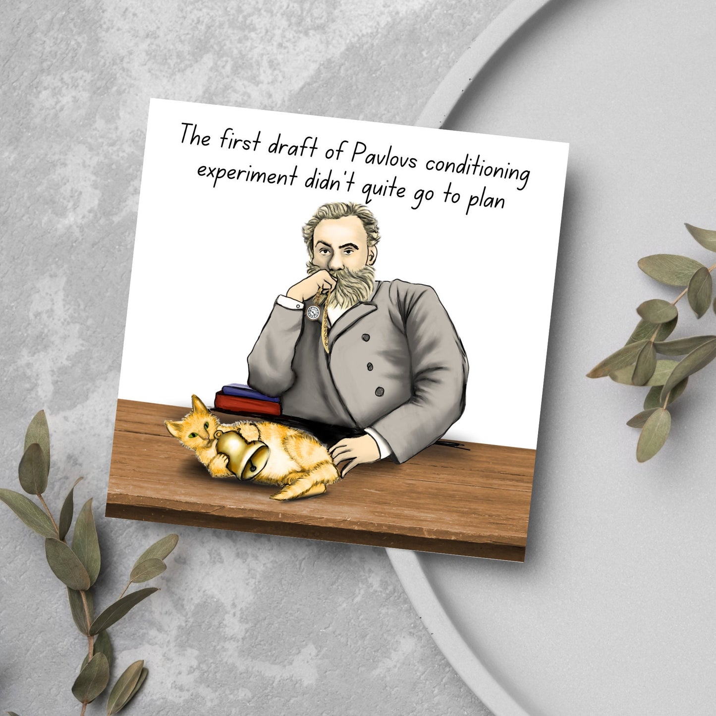 pavlov experiment card with cat playing with bell