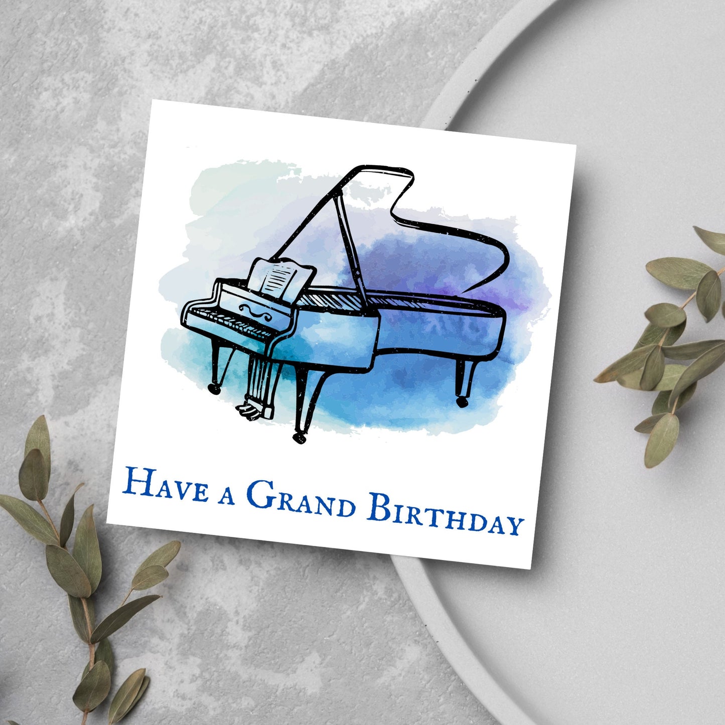 grand piano card, blue watercolour design