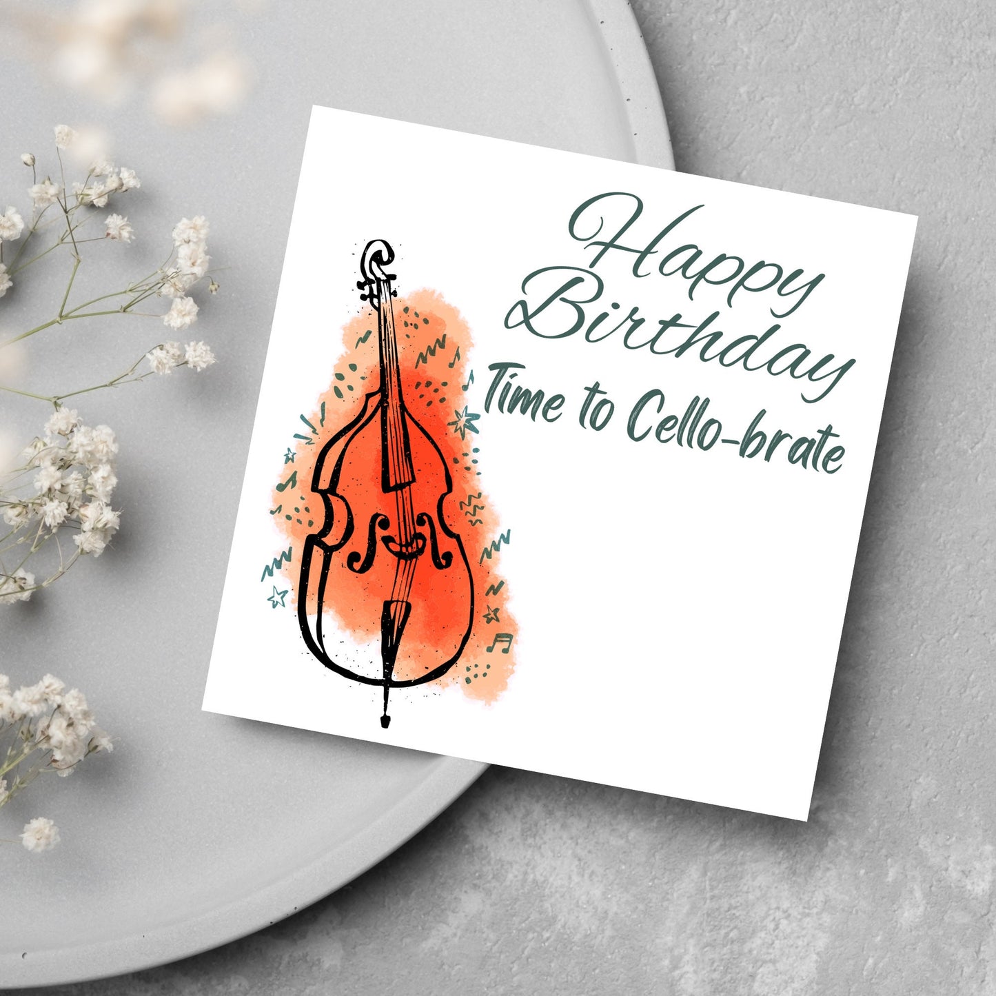orange watercolour birthday card with cello drawing