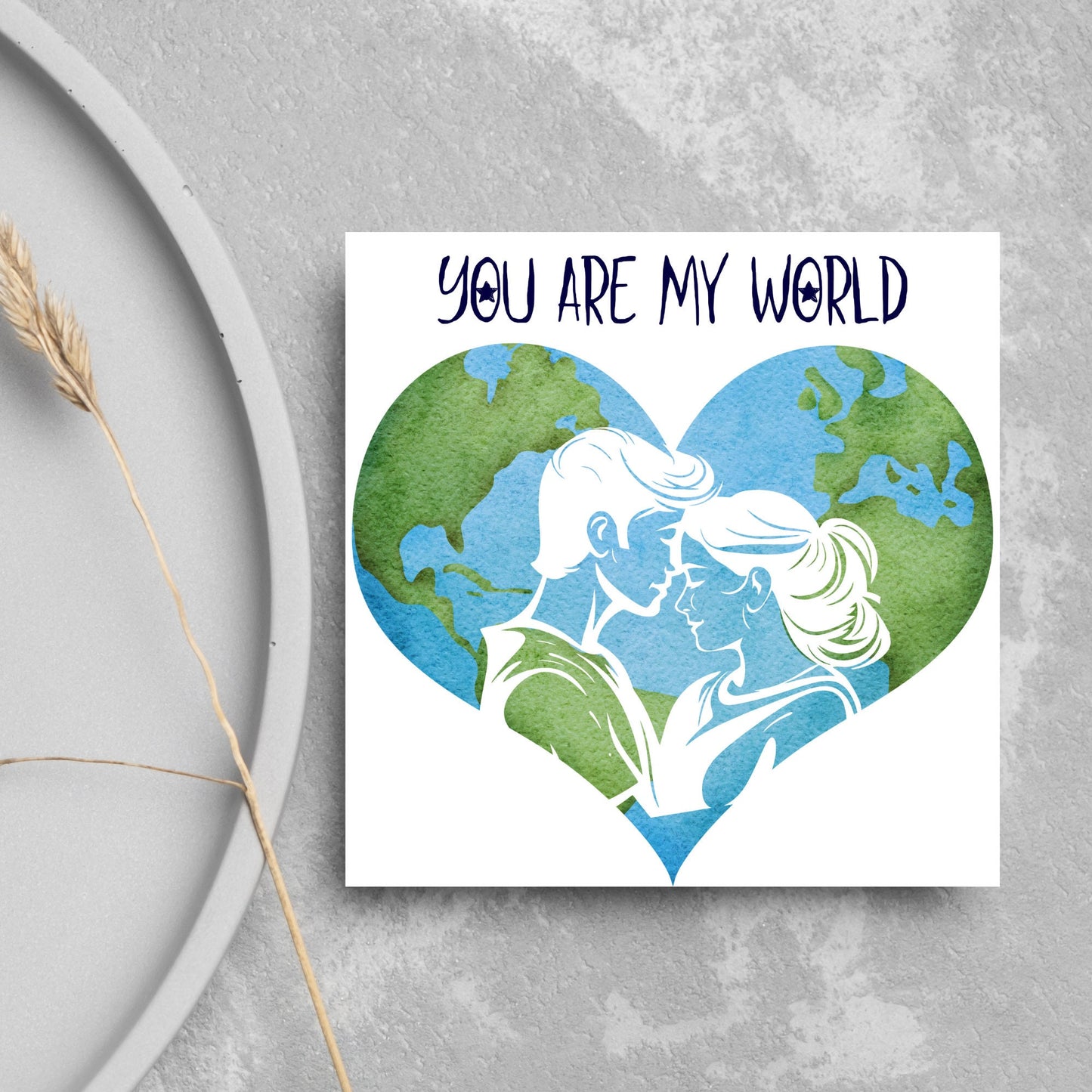 The Square Card has the year in a traditional heart love shape, with a couple embracing eachother. The caption reads "You are my World" This valentines day card is perfect for loved ones, for boyfriend, for girlfriend, for wife, for husband