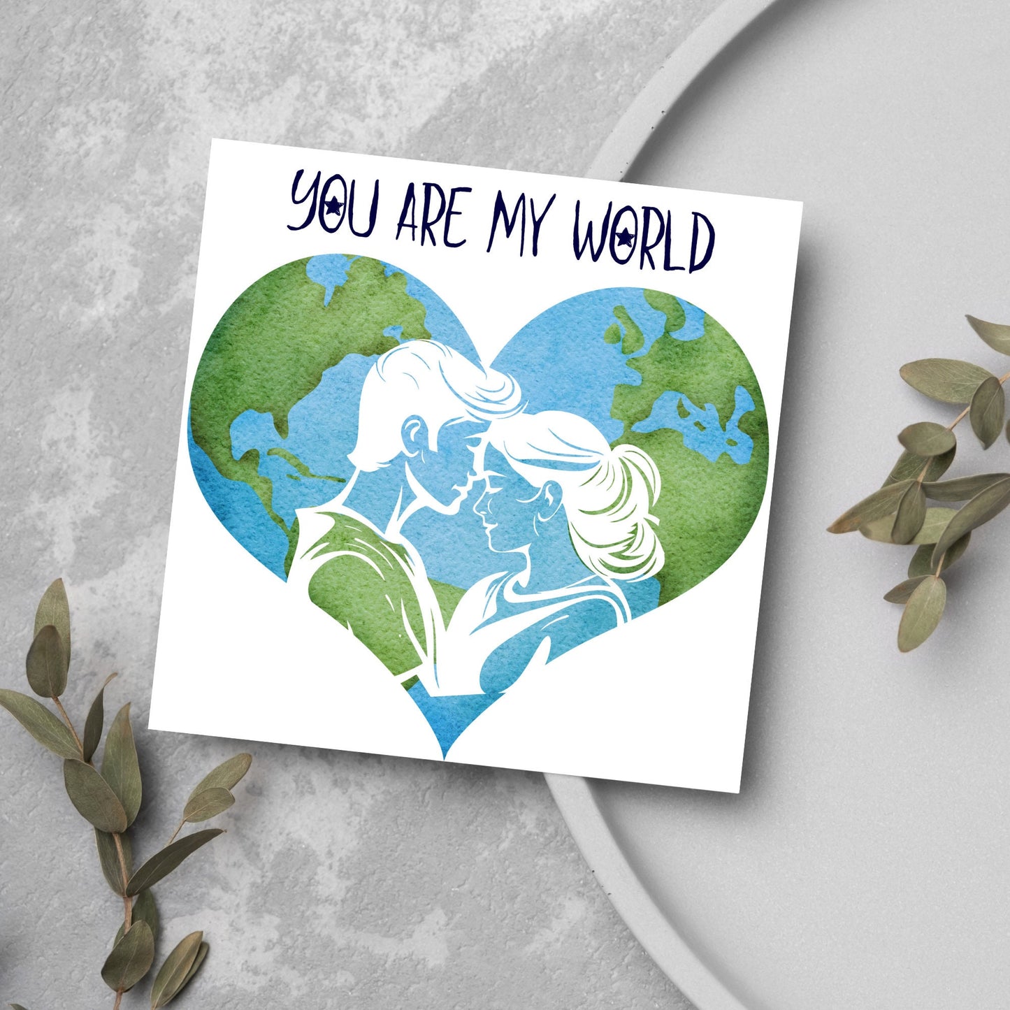 The Square Card has the year in a traditional heart love shape, with a couple embracing eachother. The caption reads "You are my World" This valentines day card is perfect for loved ones, for boyfriend, for girlfriend, for wife, for husband