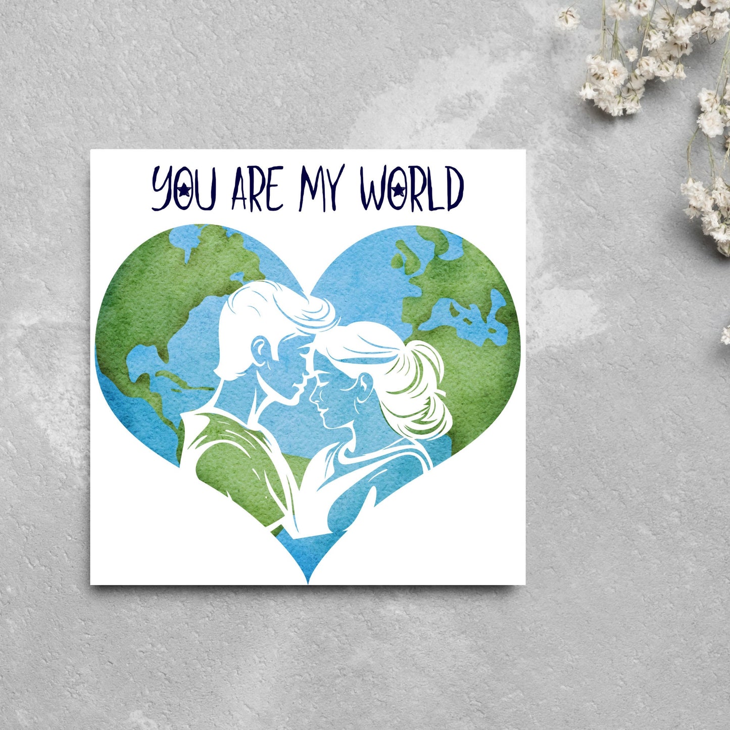 The Square Card has the year in a traditional heart love shape, with a couple embracing eachother. The caption reads "You are my World" This valentines day card is perfect for loved ones, for boyfriend, for girlfriend, for wife, for husband