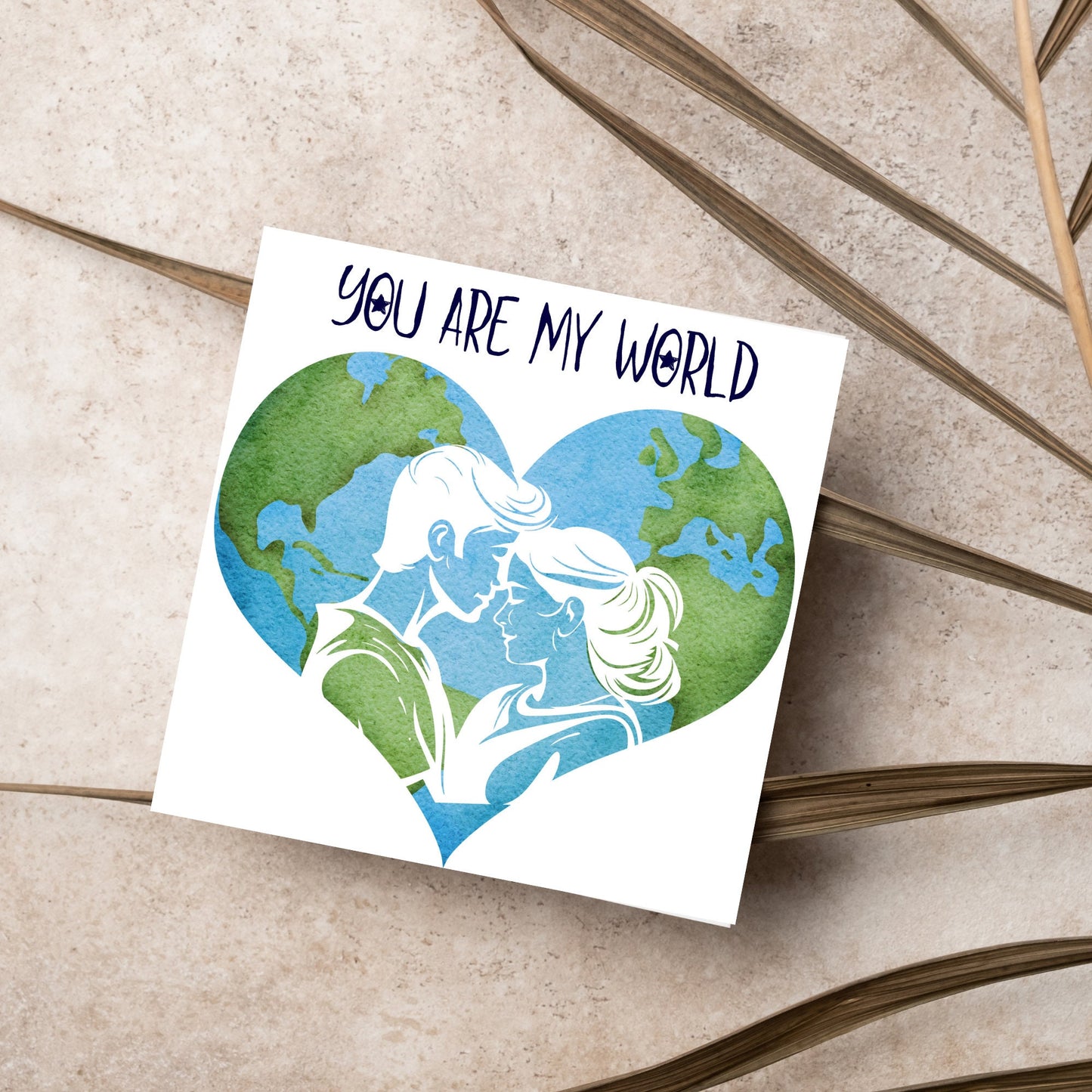 The Square Card has the year in a traditional heart love shape, with a couple embracing eachother. The caption reads "You are my World" This valentines day card is perfect for loved ones, for boyfriend, for girlfriend, for wife, for husband