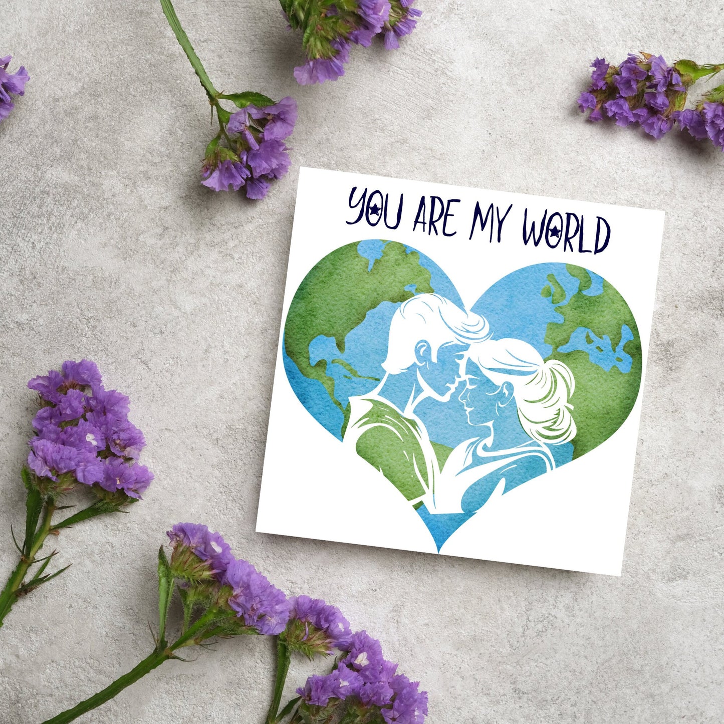 The Square Card has the year in a traditional heart love shape, with a couple embracing eachother. The caption reads "You are my World" This valentines day card is perfect for loved ones, for boyfriend, for girlfriend, for wife, for husband