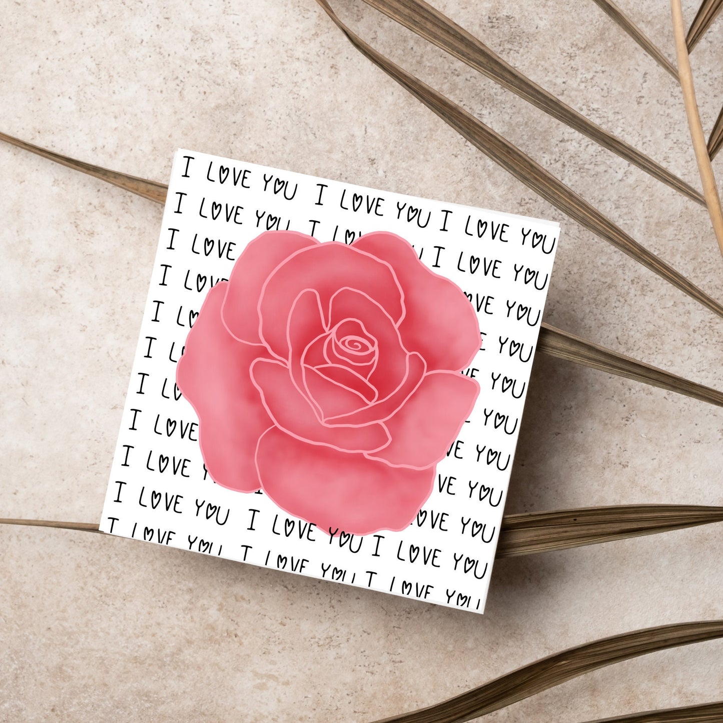 simple elegant card for valentines or anniversary, featuring a large pink rose painting with a background of handwritten style text that repeats 'I love you' with hearts instead of o's