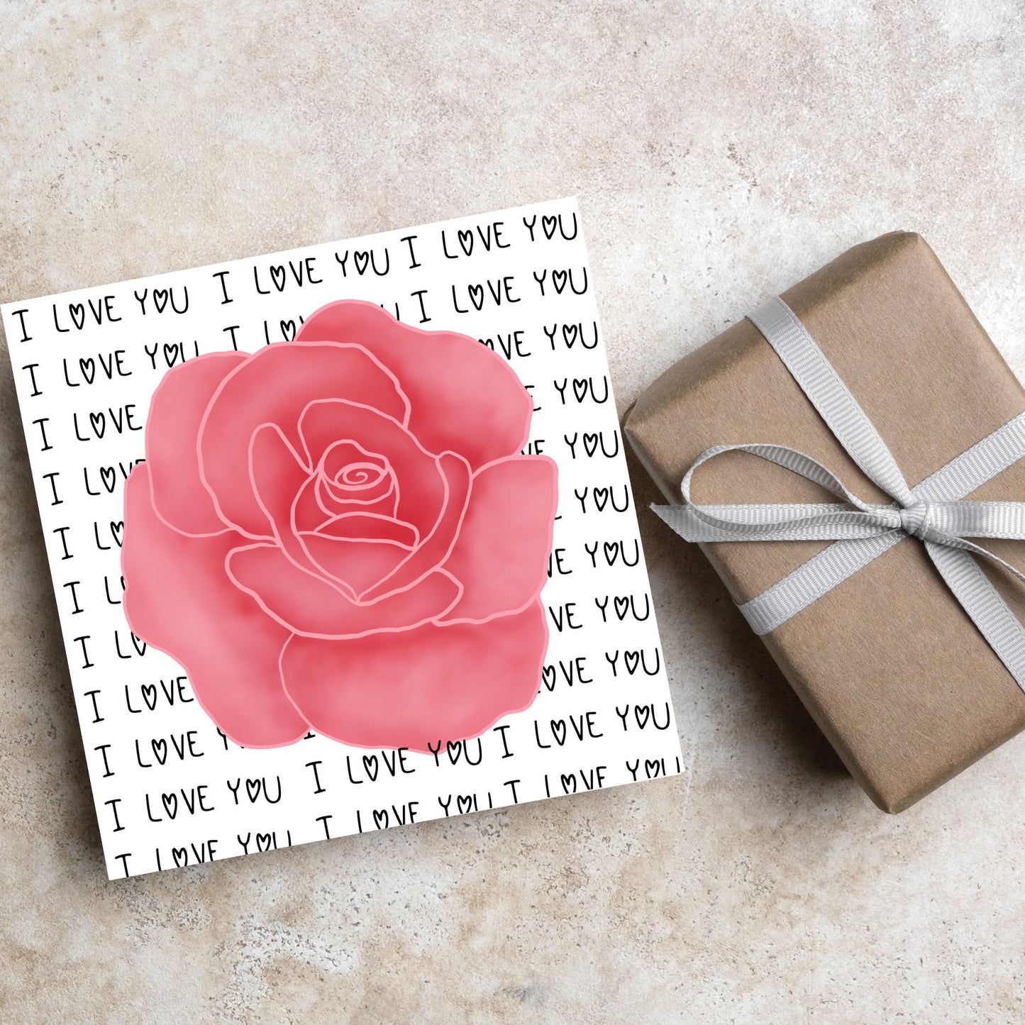 simple elegant card for valentines or anniversary, featuring a large pink rose painting with a background of handwritten style text that repeats 'I love you' with hearts instead of o's