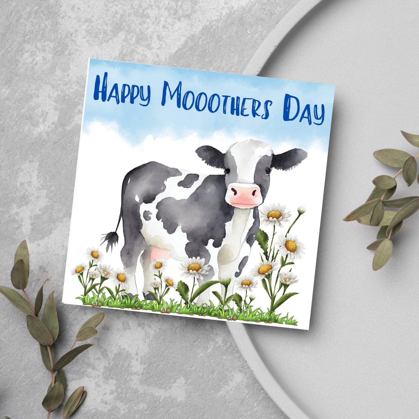 watercolour card for mum with cow and daisies