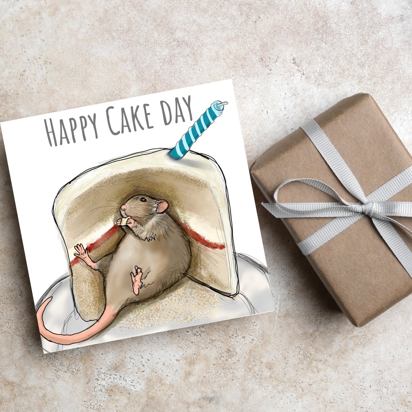 watercolour fat rat eating birthday cake