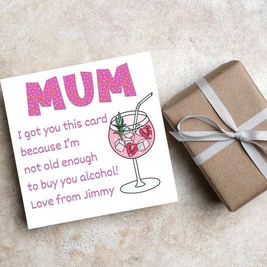 Personalised Mum Birthday Card, Funny Birthday Card from Son/daughter, Cute Gin Card, Personalised Name and Text, Birthday Card for Mum