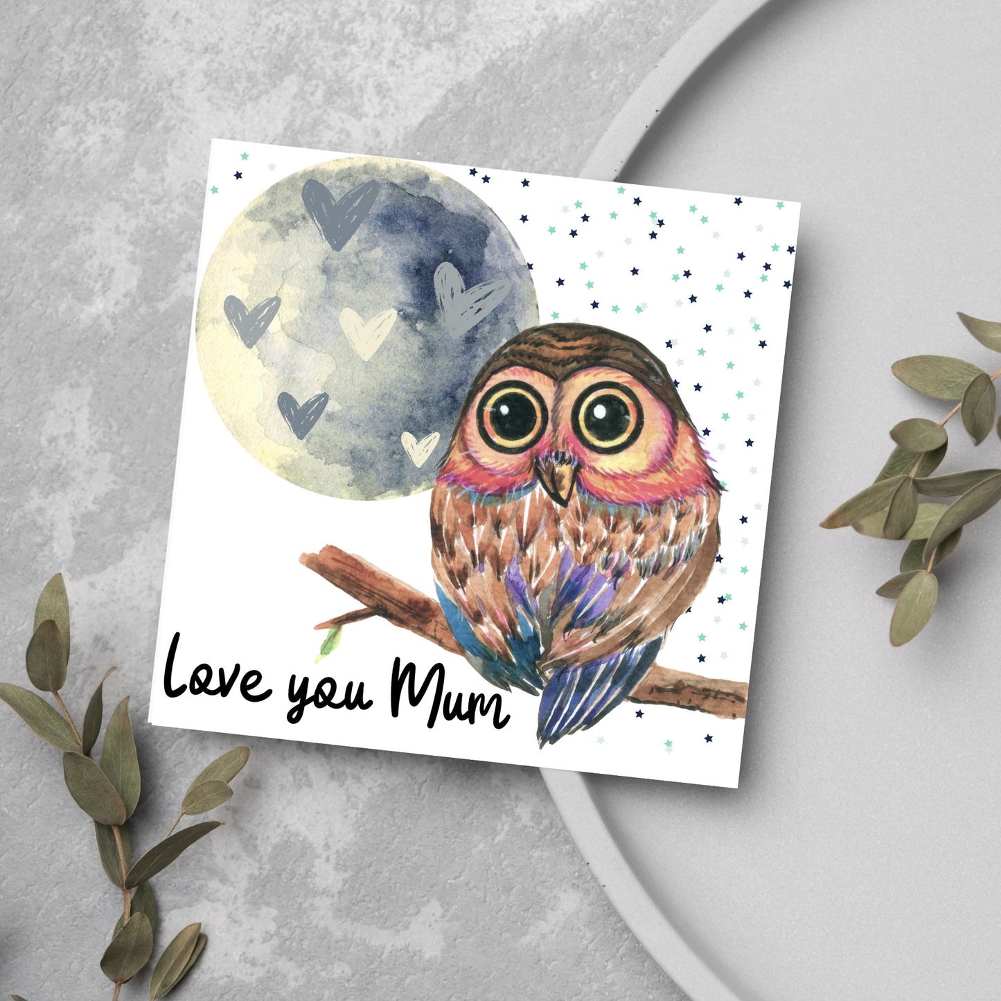 watercolour owl and moon love you mum card