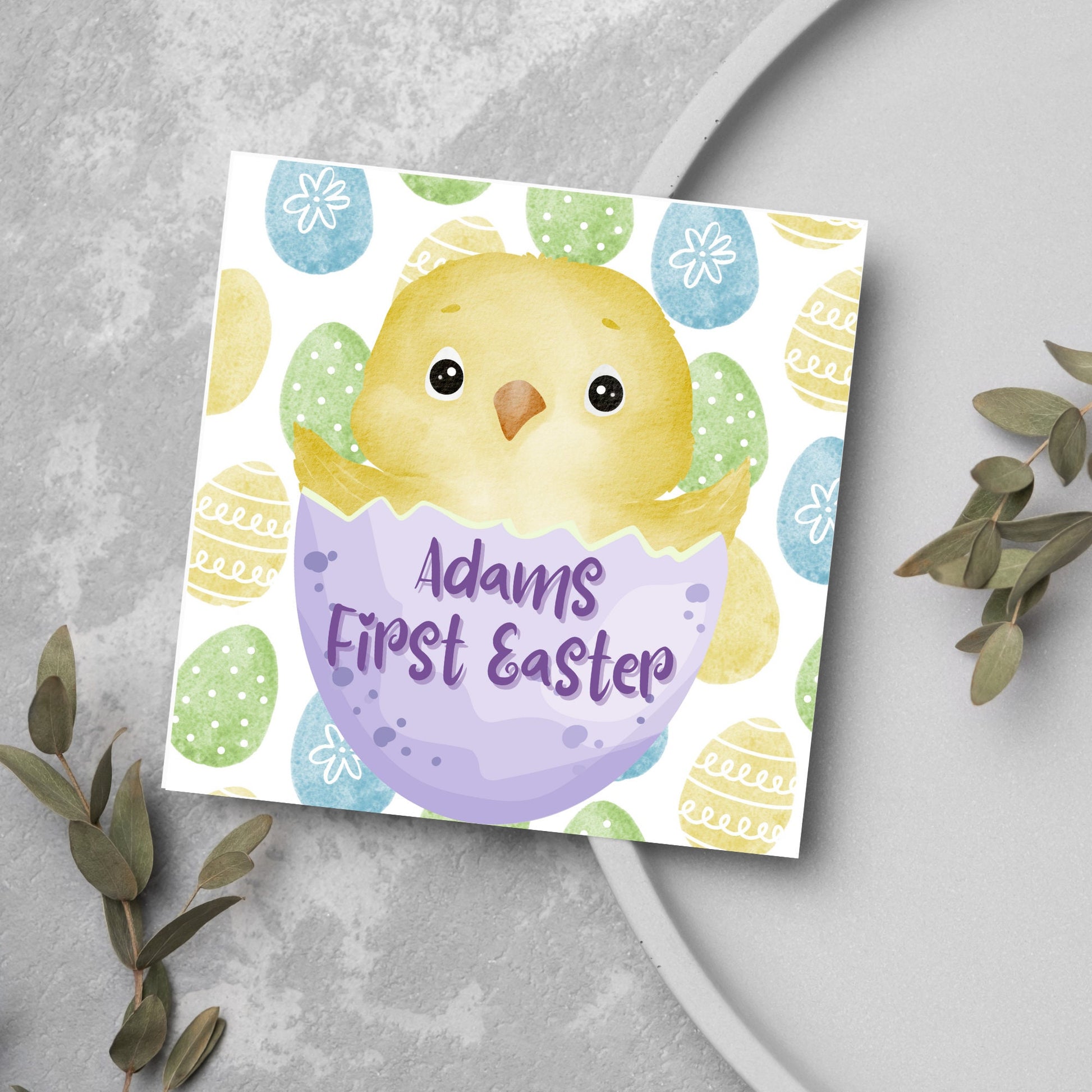 personalised yellow chick first easter card