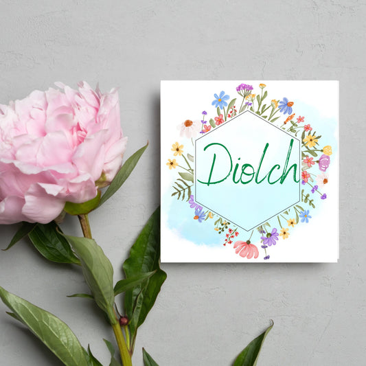 welsh language thanks card with flowers