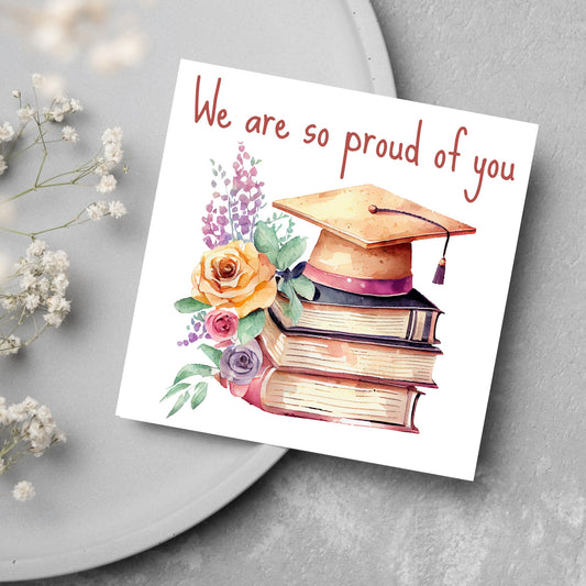 watercolour graduation card, cap, flowers and books design