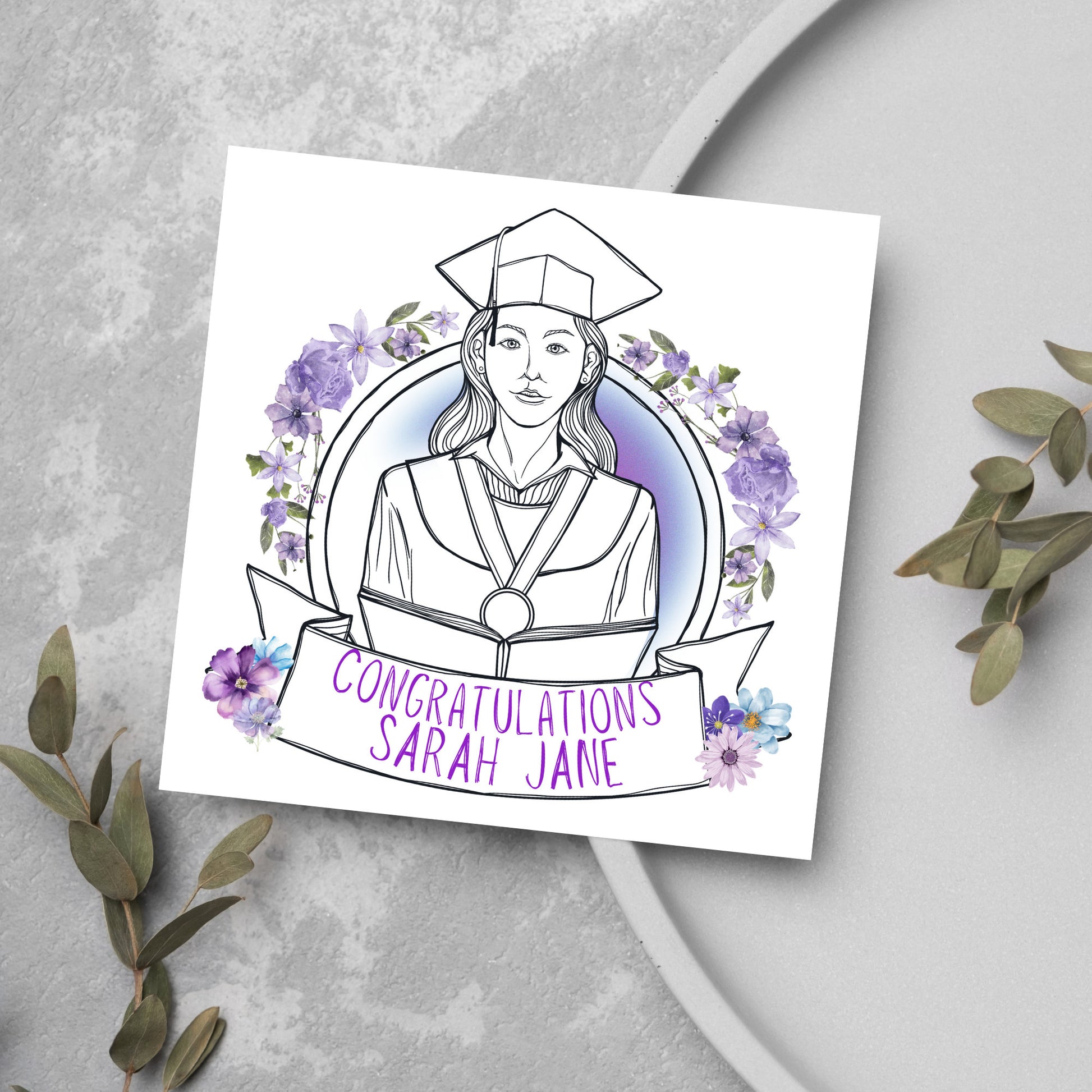 purple girl in graduation cap with congratulations banner